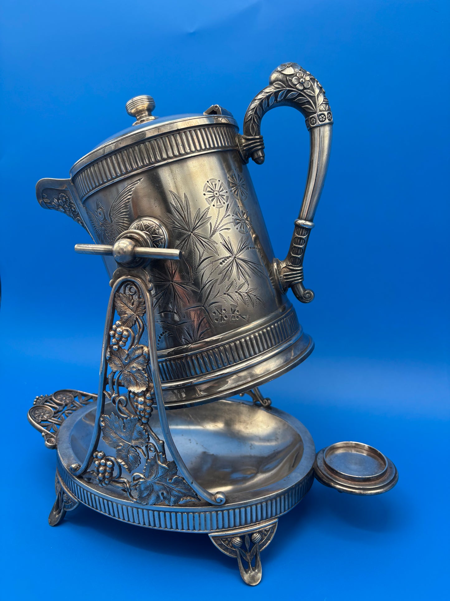 Antique Pairpoint Quadruple Plate Victorian Tilting Ice Water Pitcher & Stand Bird Grape 1826½