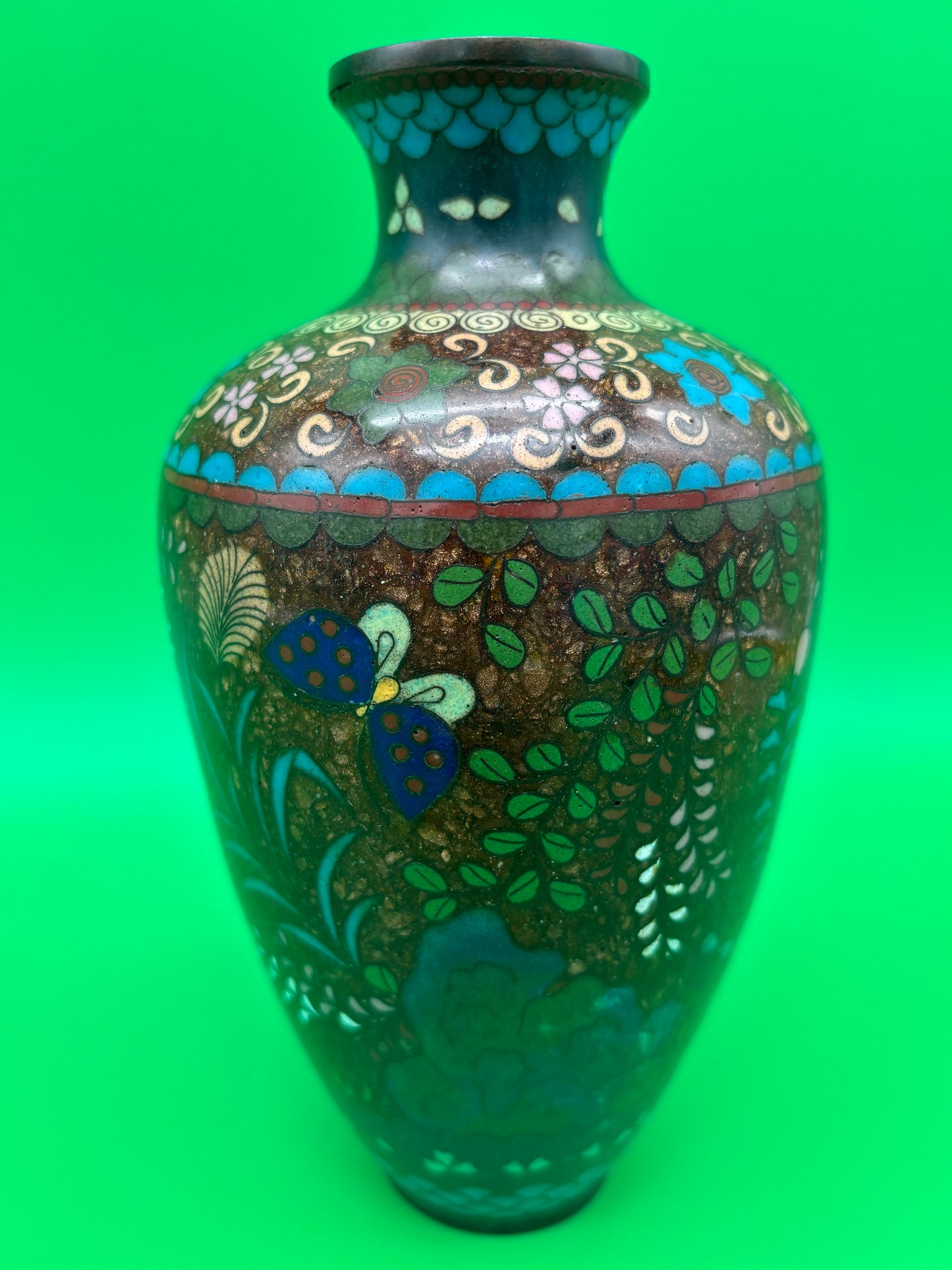Antique Meiji Japanese Goldstone Cloisonne Butterfly Floral Vase 7 1/4”