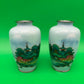 Pair Antique Japanese Musen Cloisonne Mt Fuji Pagoda Landscape Vases 4.5”