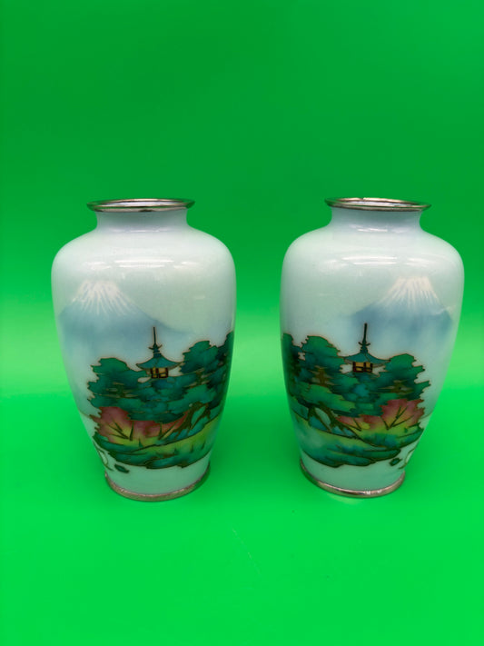 Pair Antique Japanese Musen Cloisonne Mt Fuji Pagoda Landscape Vases 4.5”