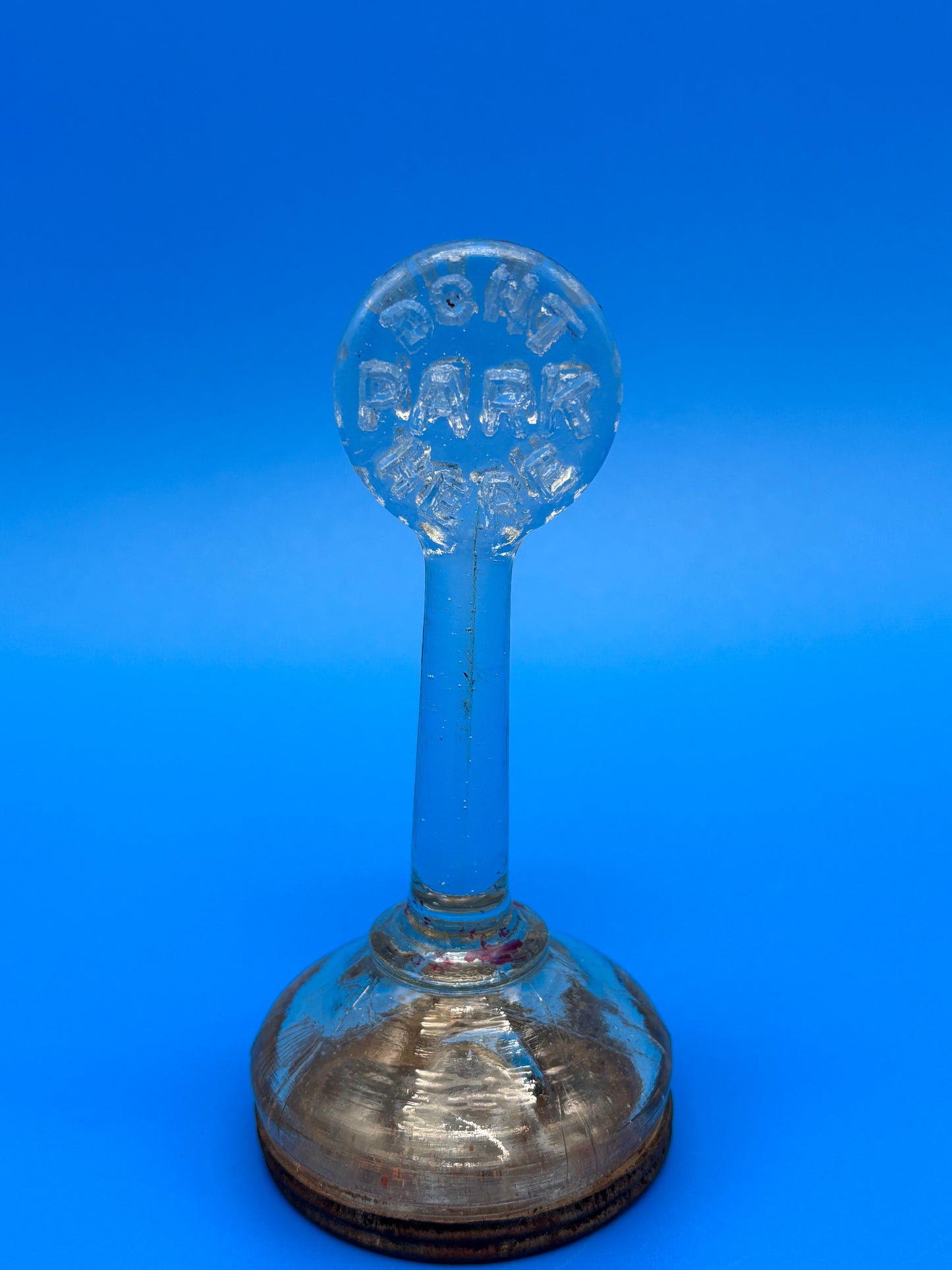 Antique 1920s DON’T PARK HERE Glass Candy Jar Container Metal Lid USA Novelty Advertising