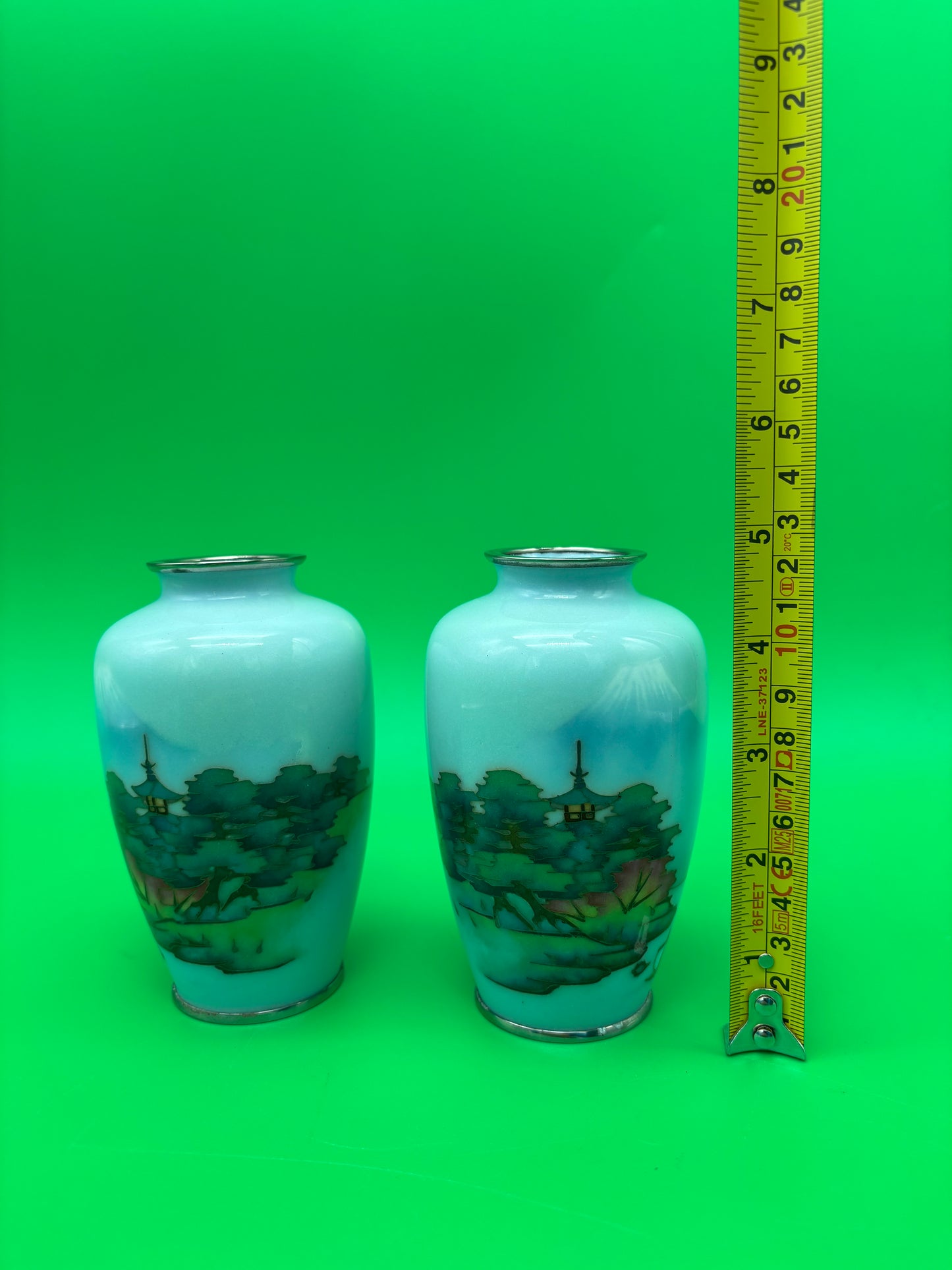 Pair Antique Japanese Musen Cloisonne Mt Fuji Pagoda Landscape Vases 4.5”