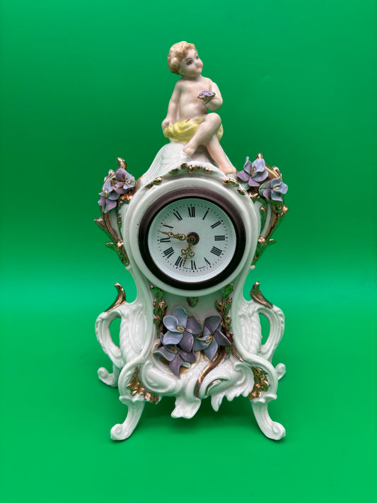 Vintage Louis Pierlot German Porcelain Mantel Clock w/ Cherub – 10” Wind Up