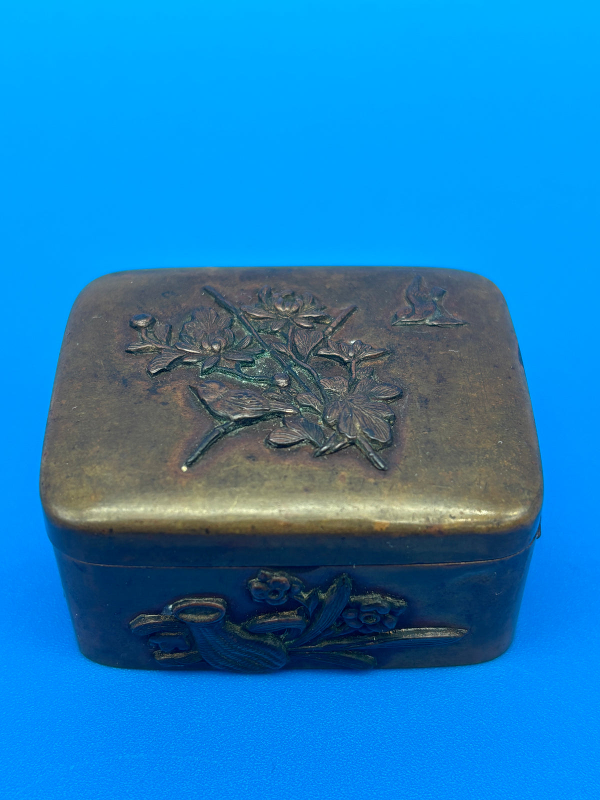 Antique Japanese Meiji Mixed Metal Bronze Brass Trinket Box Bird Flowers