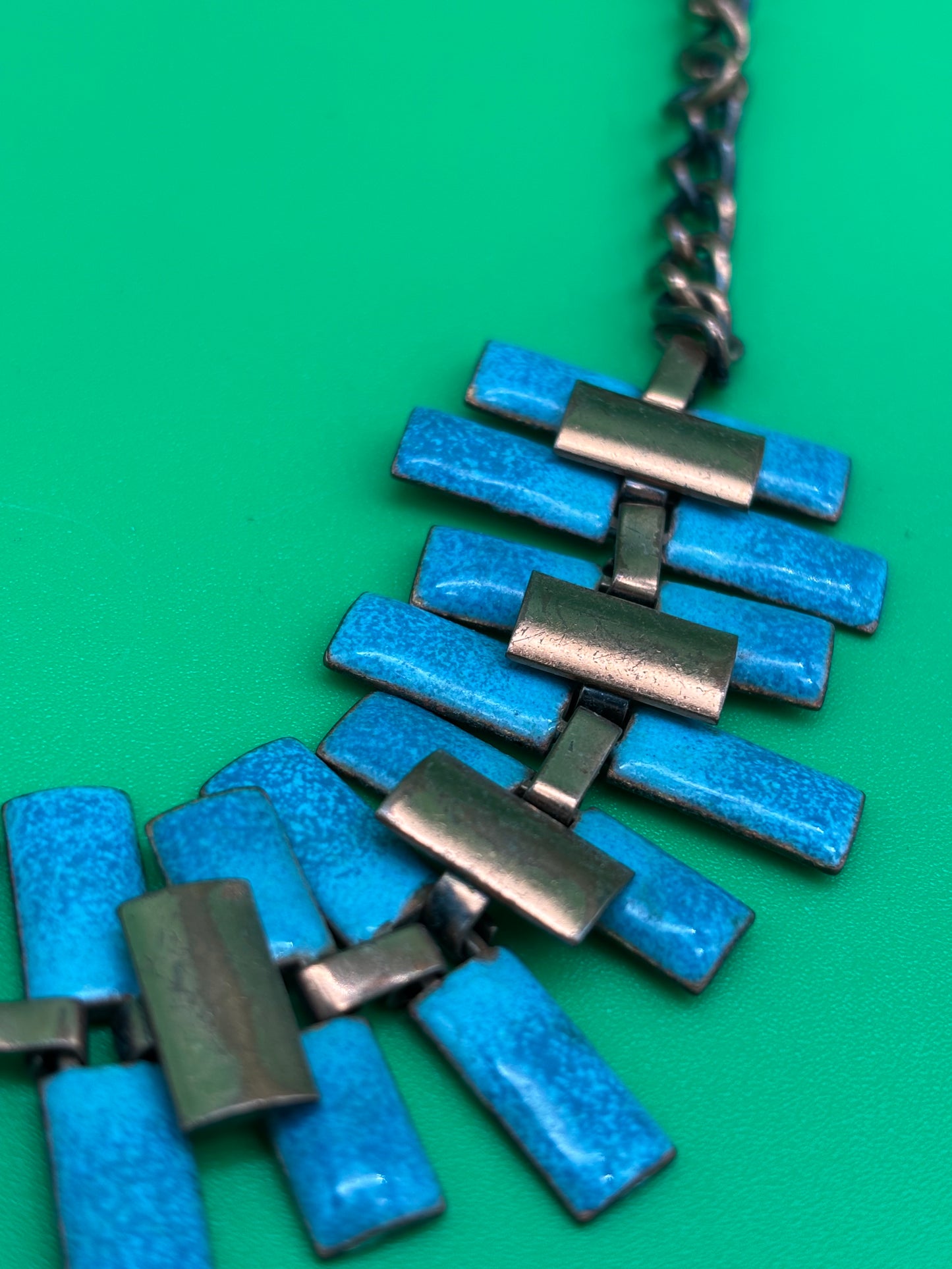 Vintage Estate MCM High End Enameled Copper 23.5” Modernist Statement Necklace Blue, G27504