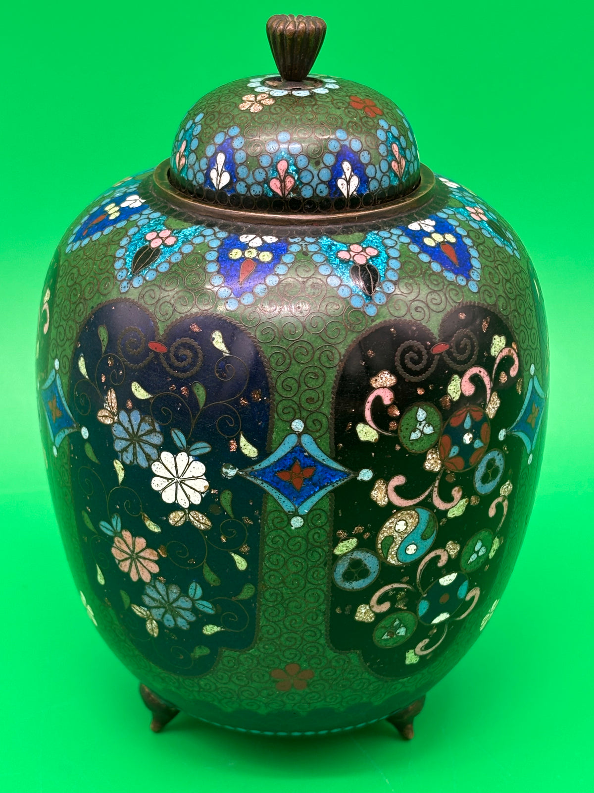 Antique Japanese Cloisonne Enamel Lidded Ginger Jar Floral Tripod Feet 6.5”