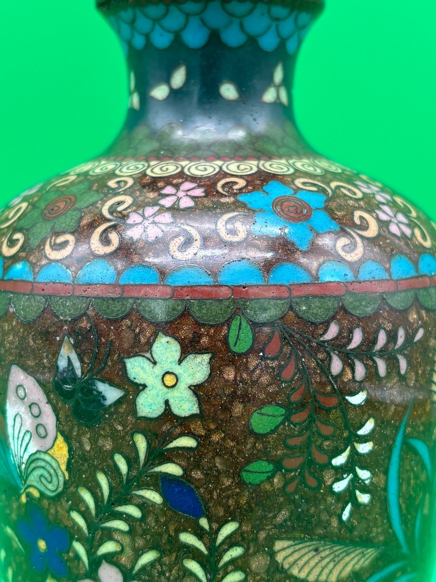 Antique Meiji Japanese Goldstone Cloisonne Butterfly Floral Vase 7 1/4”