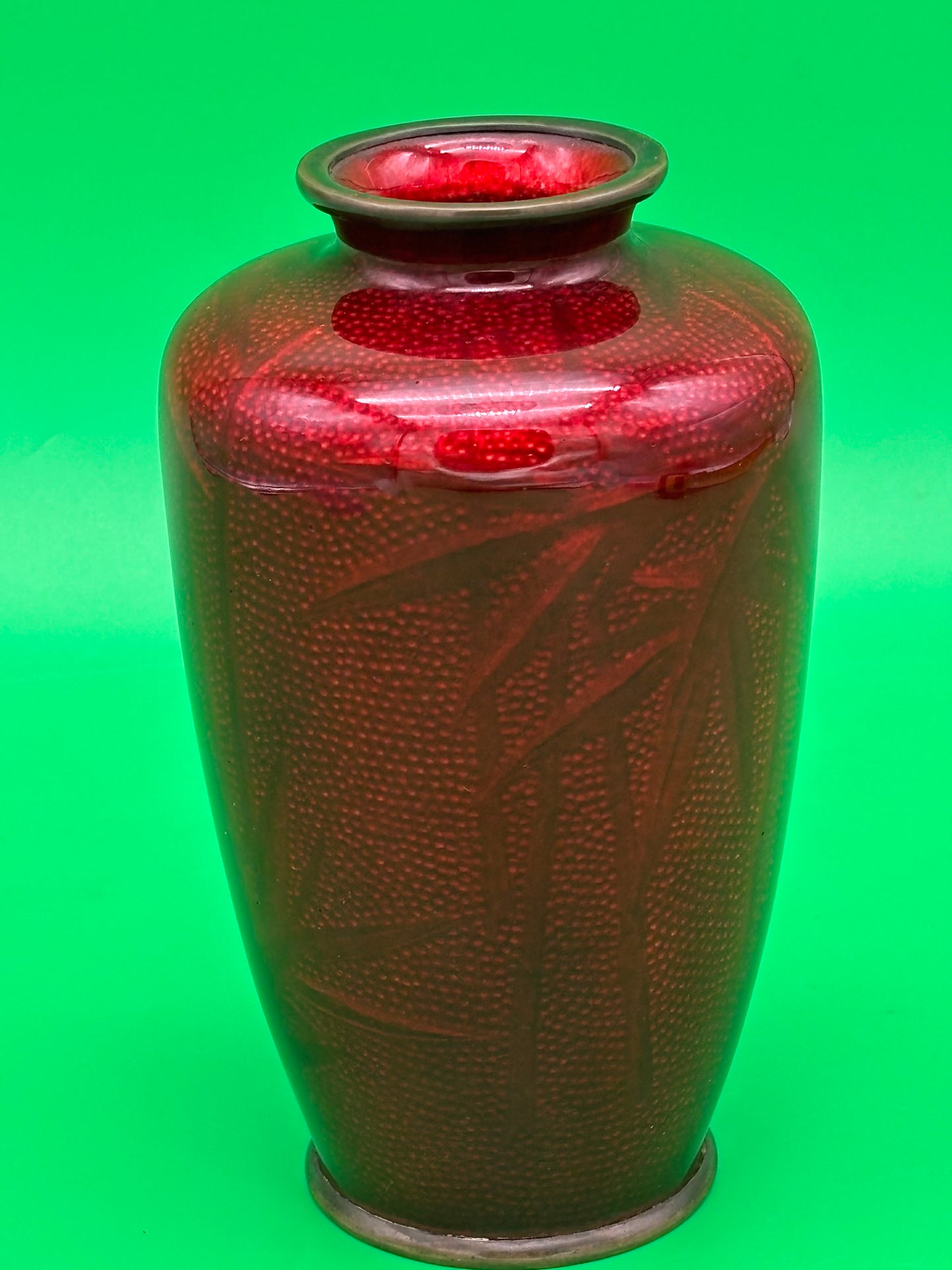 Signed Ando Japanese Pigeon Blood Red Ginbari Cloisonne Bird Bamboo Vase 5.75”