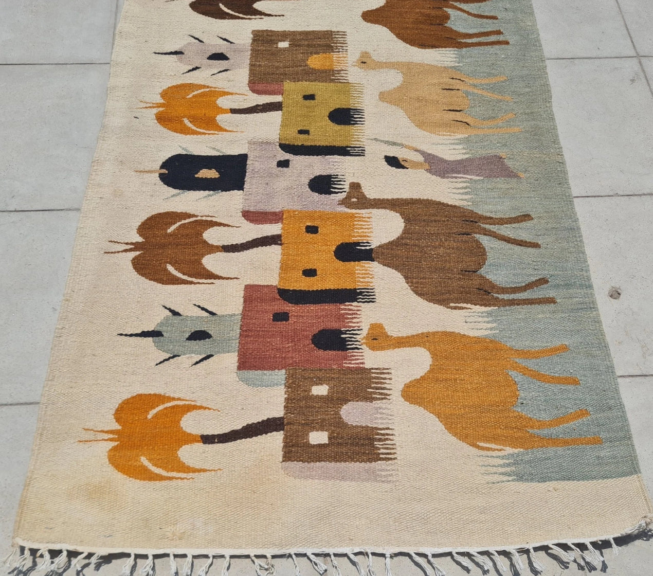 Rare Hand Knotted Vintage Bulgaria Pictorial Wool Kilim Area Rug Camel Village 4.3 x 2.6 Ft