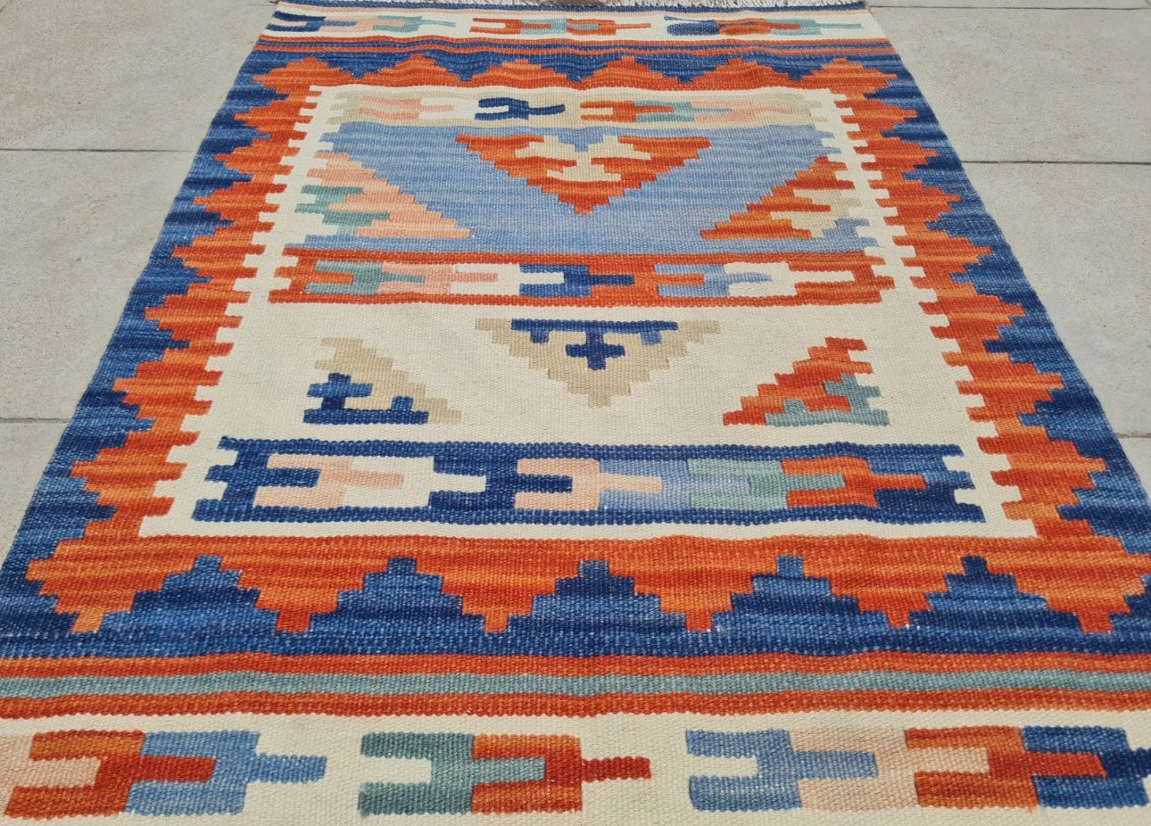 Vintage Hand Knotted Shiraz Kilim Wool Area Rug 2.9 x 2.1 Ft Blue Orange Persian Style