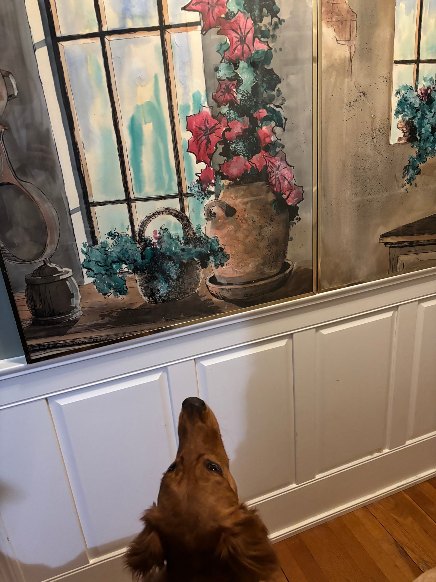 Vintage Antique Glass Frame Canvas Painting "Country Window" by Artist Alberto