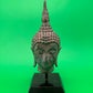 Vintage Thai Bronze Buddha Head Sculpture Flame Ushnisha Patina Wood Stand