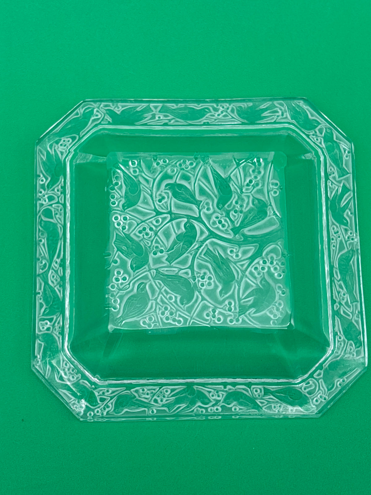Vintage Clear Pressed Glass Ashtray Bird Berry Motif Square Trinket Dish 3.25”