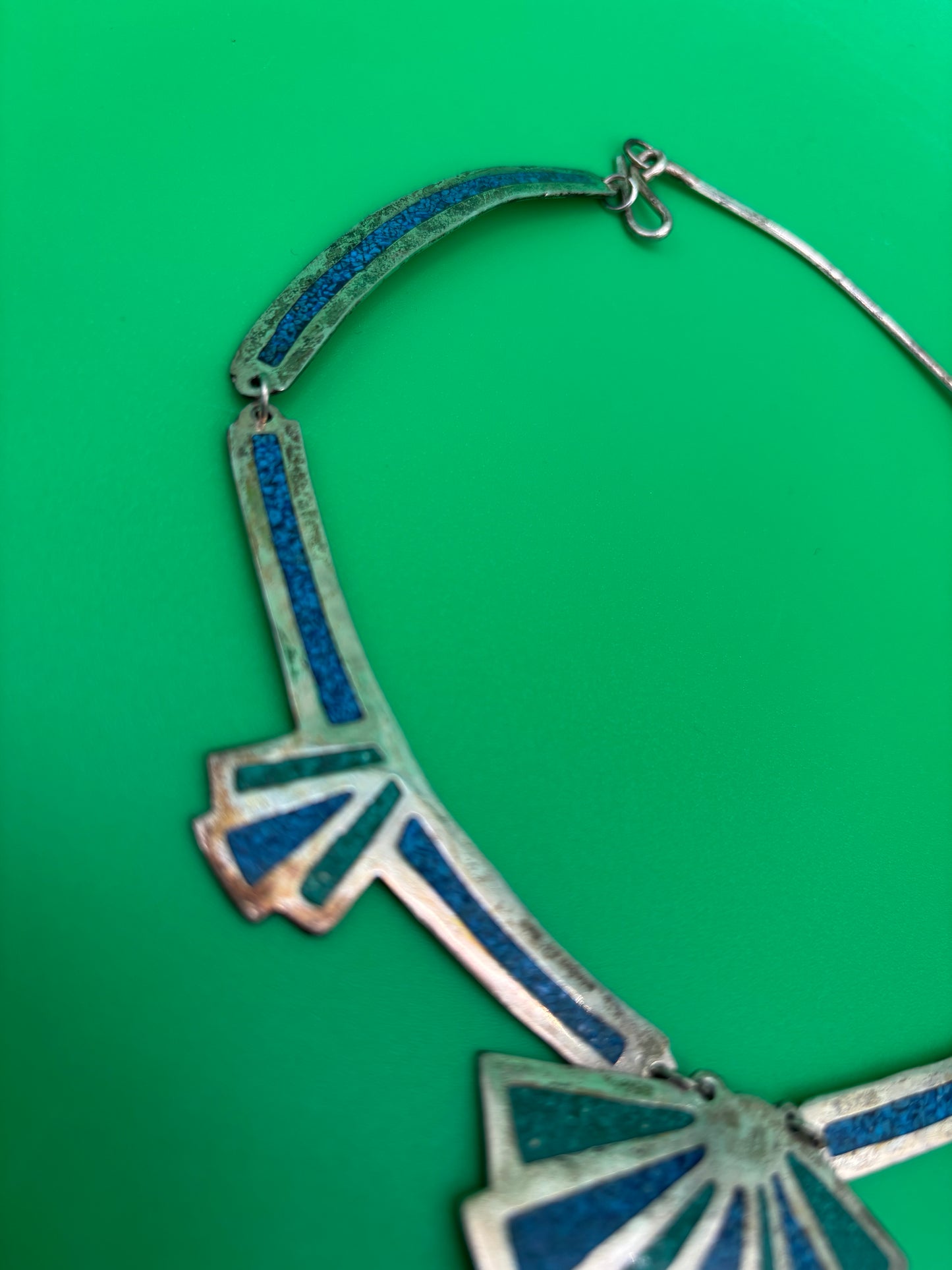Vintage Signed Alpaca Mexico Blue and Green Glass Mosaic Fan Necklace