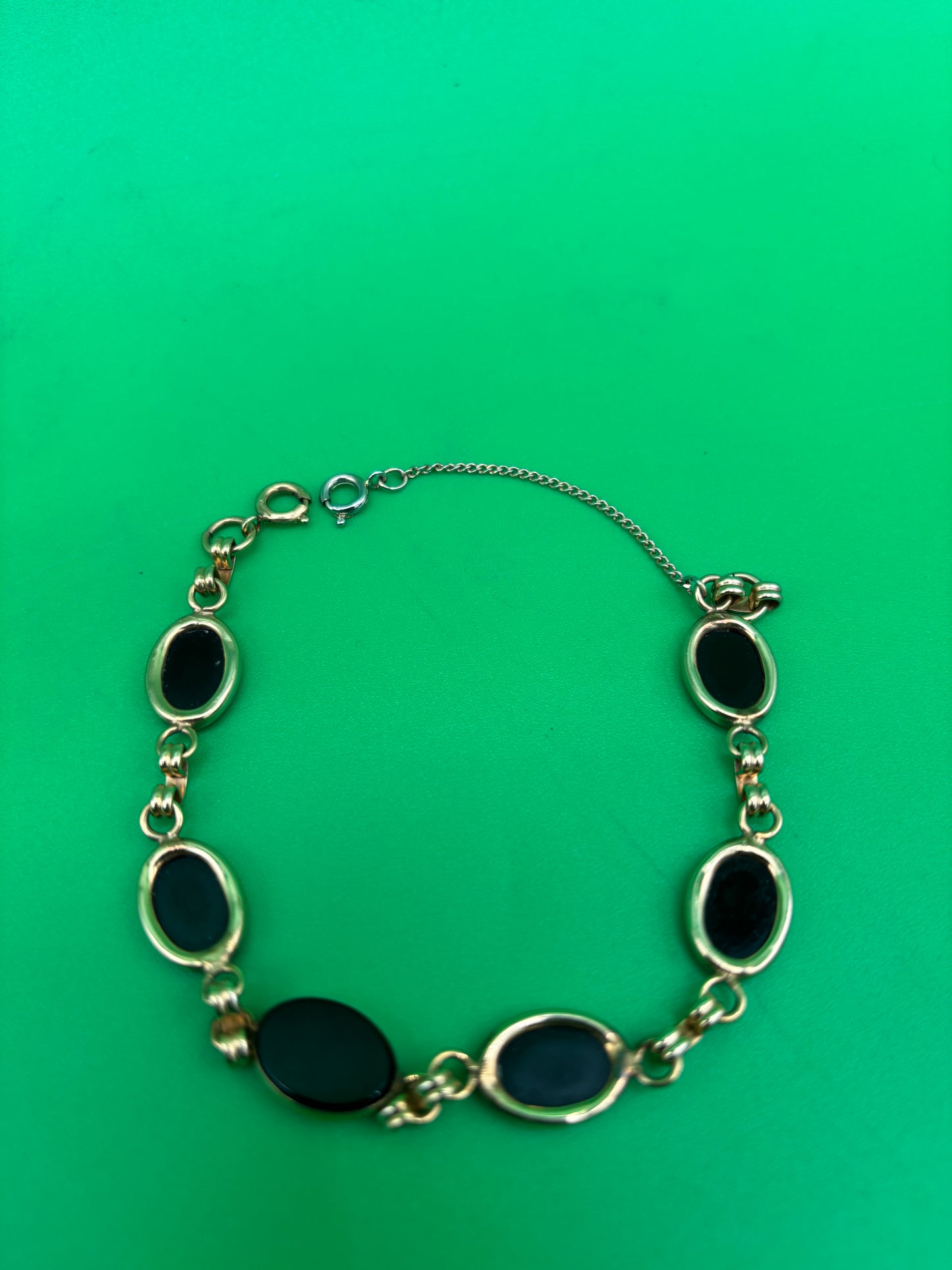 Art Deco 1/20 12K Gold Filled Black Onyx Oval Cabochon Link Bracelet 7”