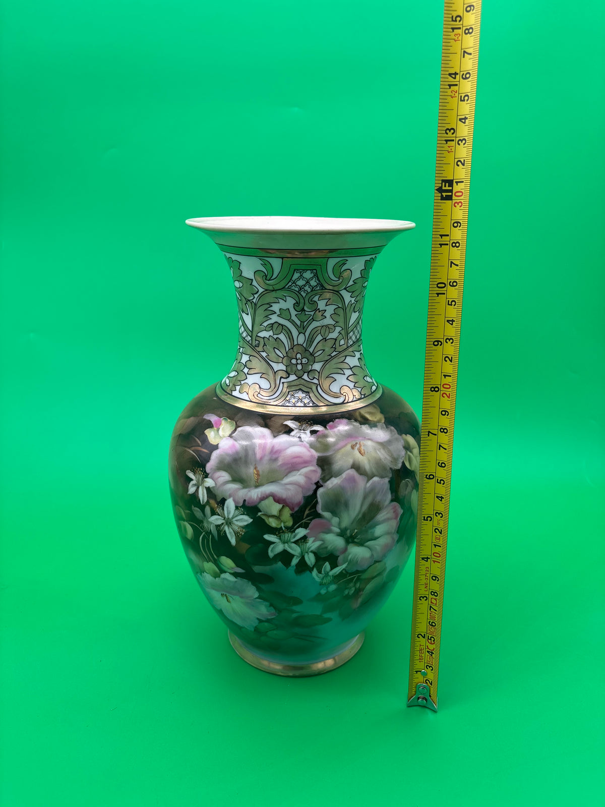 Vintage Noritake Hand Painted Japan 11” Floral Vase Pink Flowers Gold Gilt
