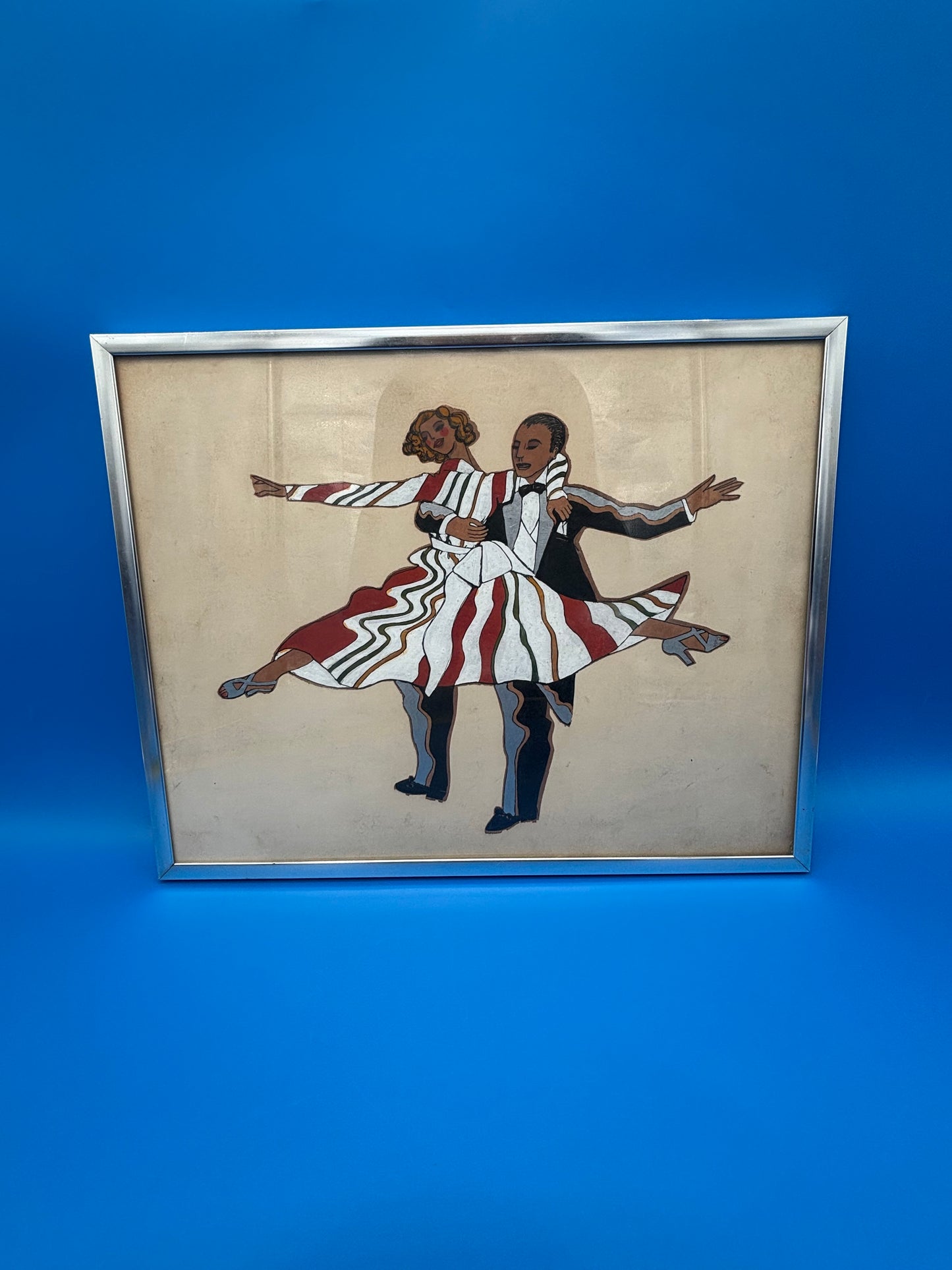 Vintage Mid Century Dancing Couple Art Reverse Painted Glass Art Deco Chrome Frame
