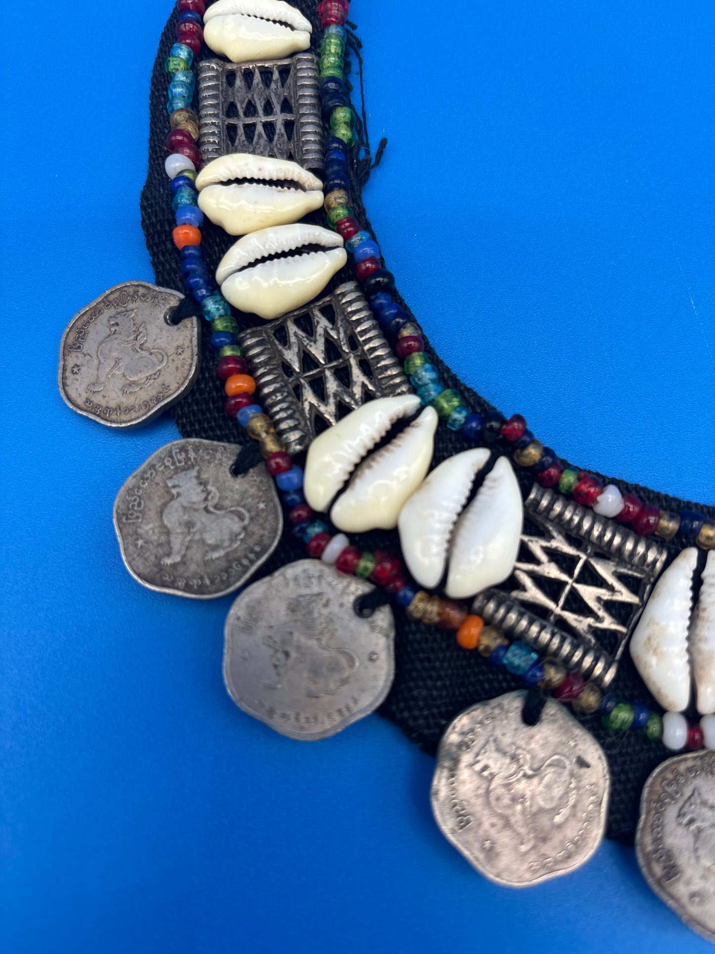 Vintage HUGE Tribal Bib Necklace Cowrie Shells Beads Myanmar Coins Boho Statement