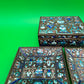 Vintage Chinese Cloisonne Enamel Jewelry Trinket Box & Matching Pair Dishes Floral Blue Brass Set