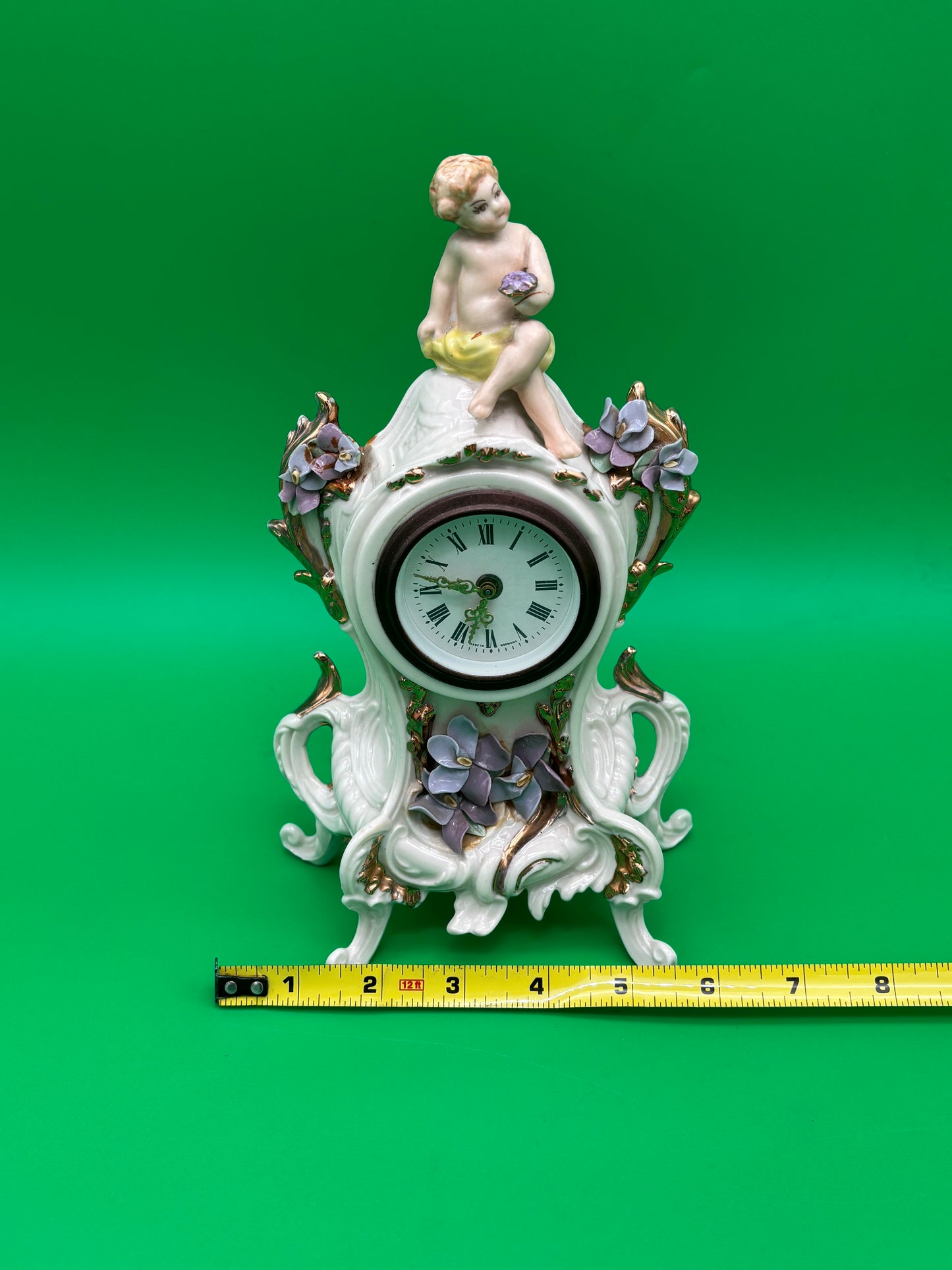 Vintage Louis Pierlot German Porcelain Mantel Clock w/ Cherub – 10” Wind Up
