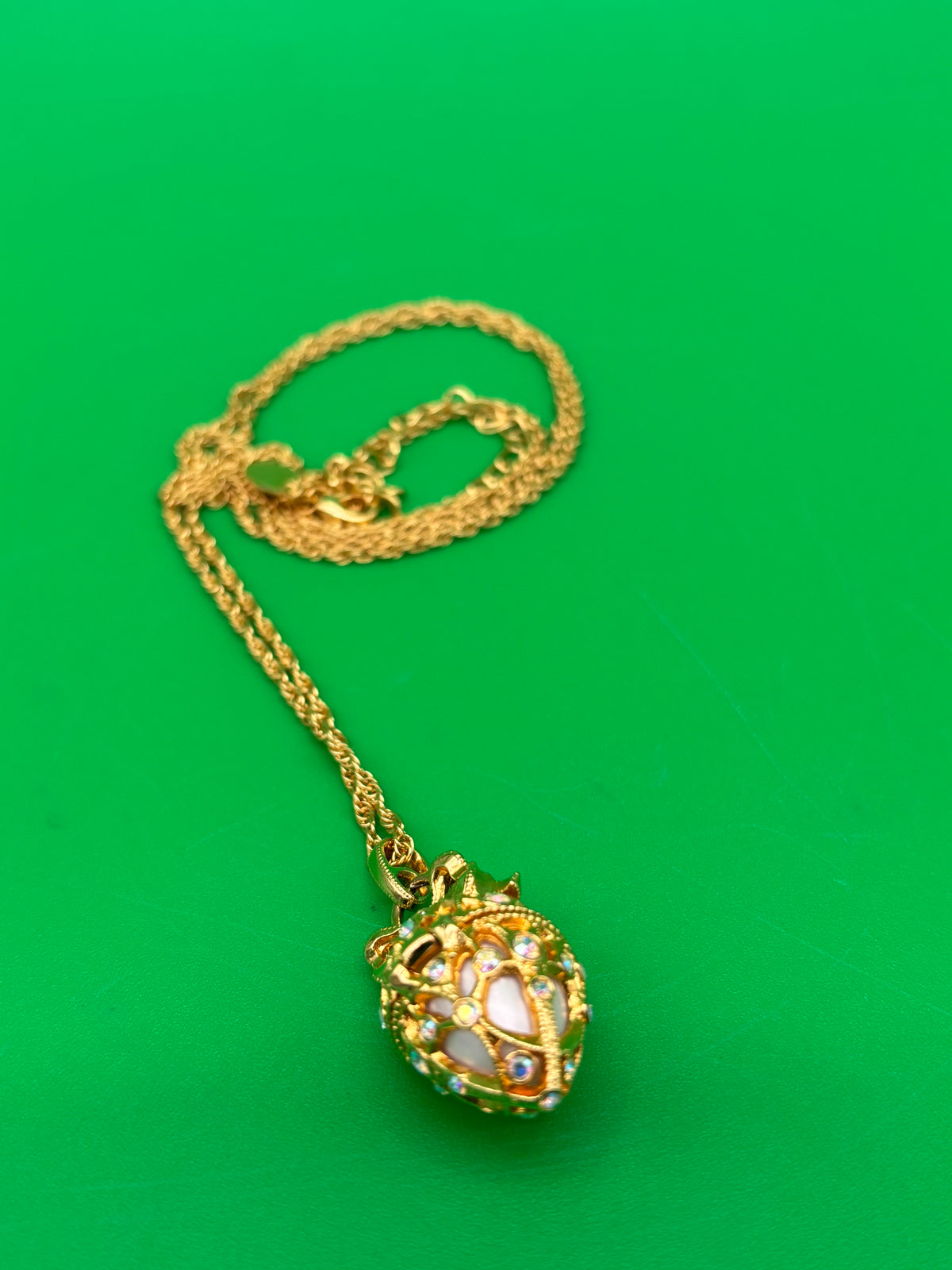 Vintage Joan Rivers Fabergé Egg Locket Necklace Gold Tone AB Rhinestones Signed