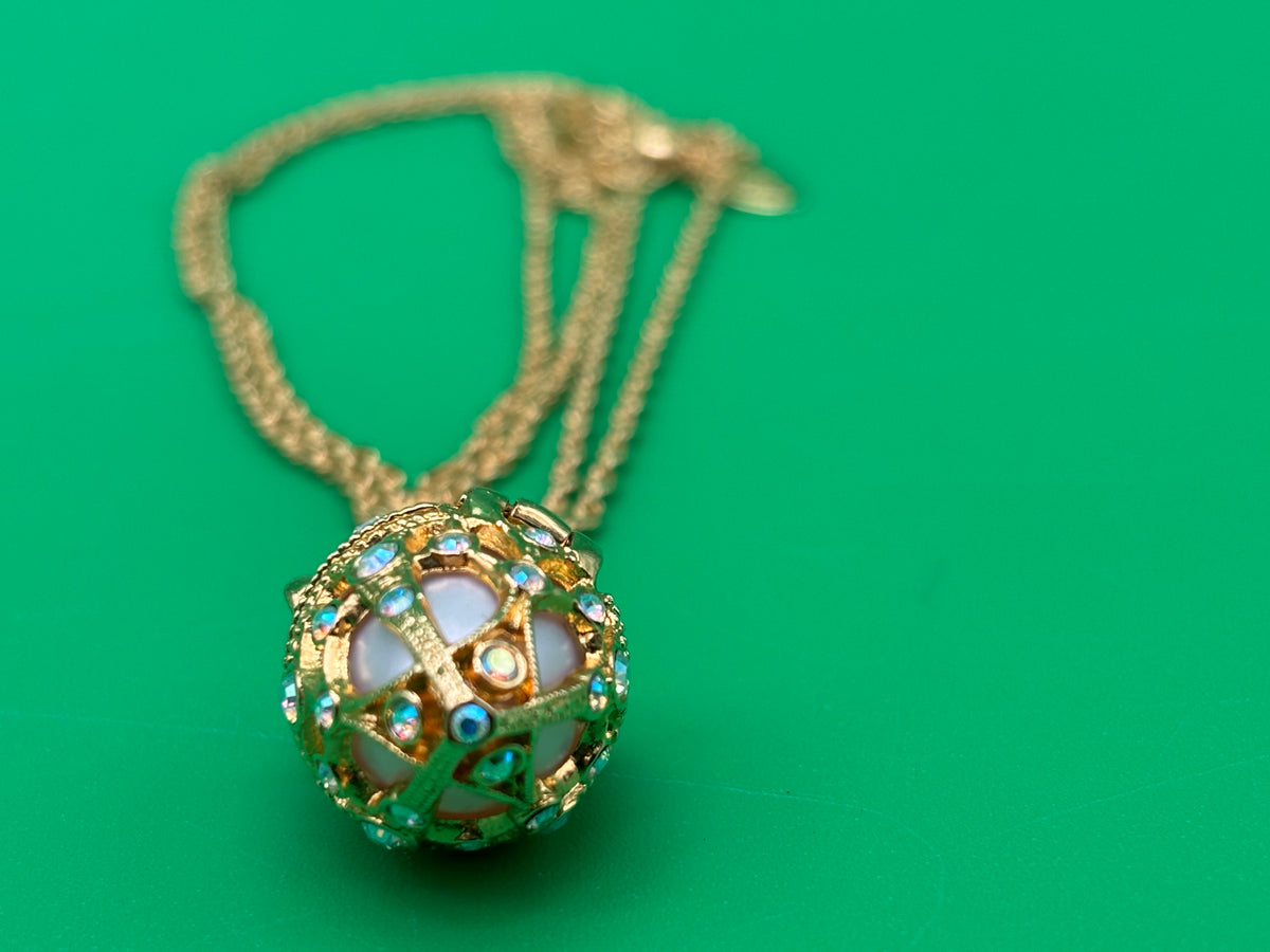 Vintage Joan Rivers Fabergé Egg Locket Necklace Gold Tone AB Rhinestones Signed