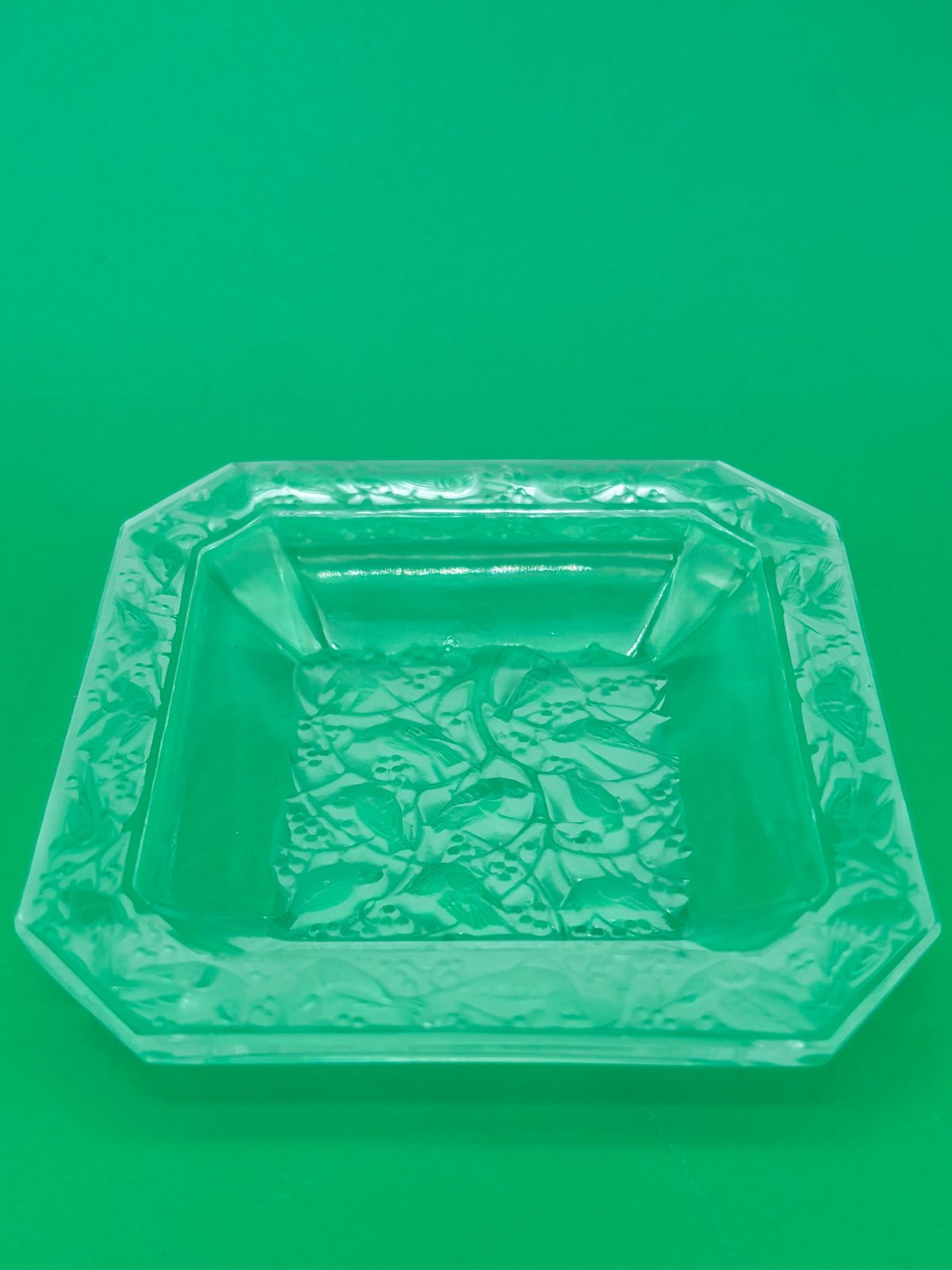 Vintage Clear Pressed Glass Ashtray Bird Berry Motif Square Trinket Dish 3.25”