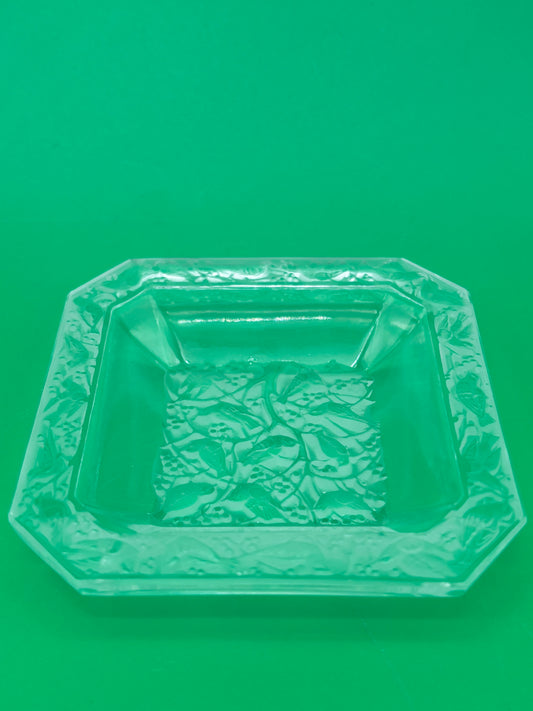 Vintage Clear Pressed Glass Ashtray Bird Berry Motif Square Trinket Dish 3.25”