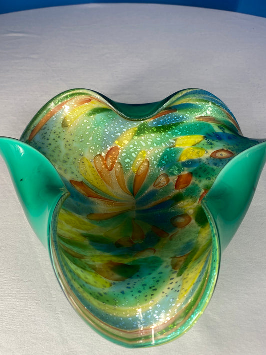 Hand Blown Art Glass Bowl With Leaf Motif And Gold Flecks