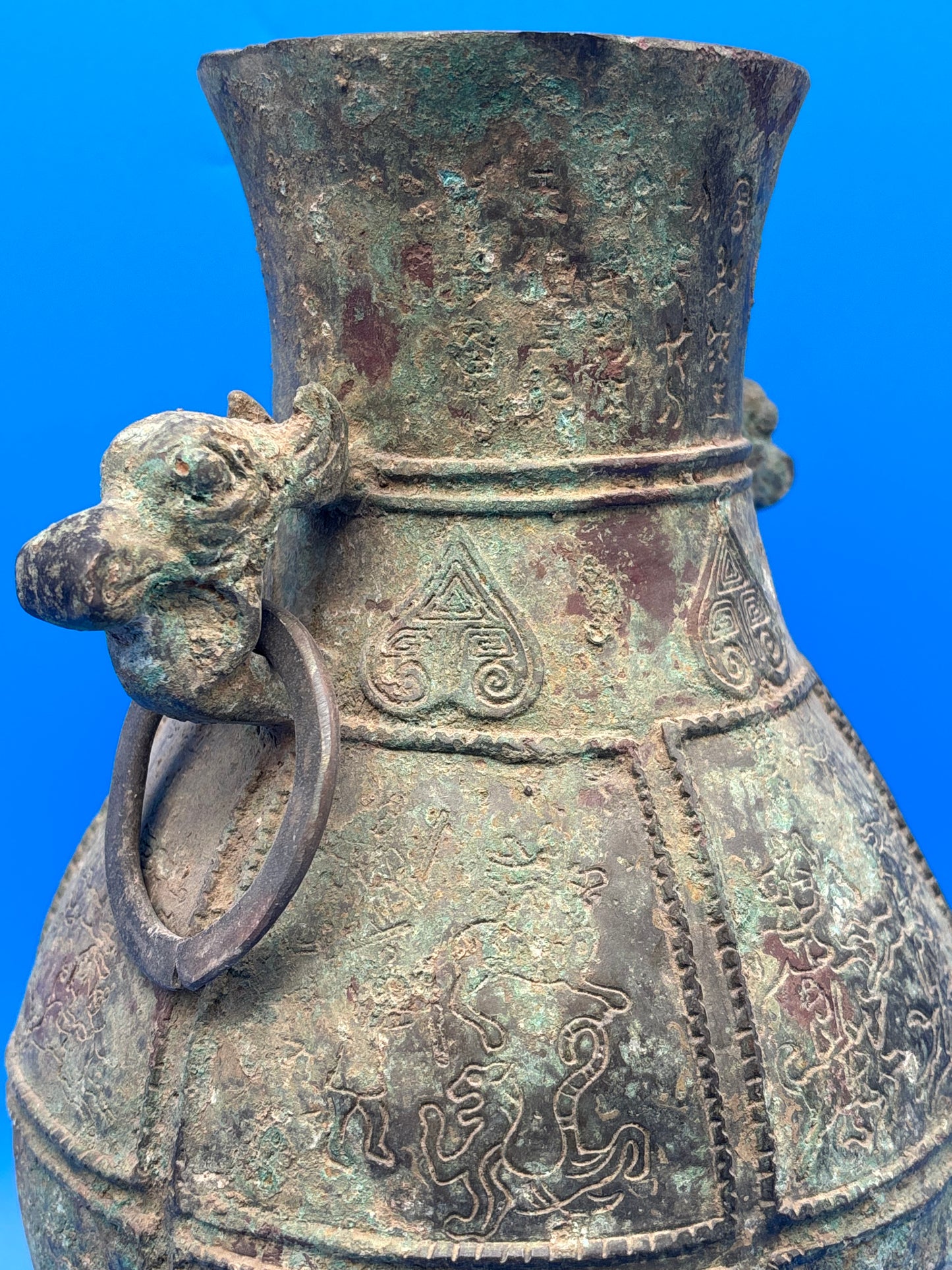 Chinese Archaistic Bronze Hu Vase Elephant Head Ring Handles Figural 11”