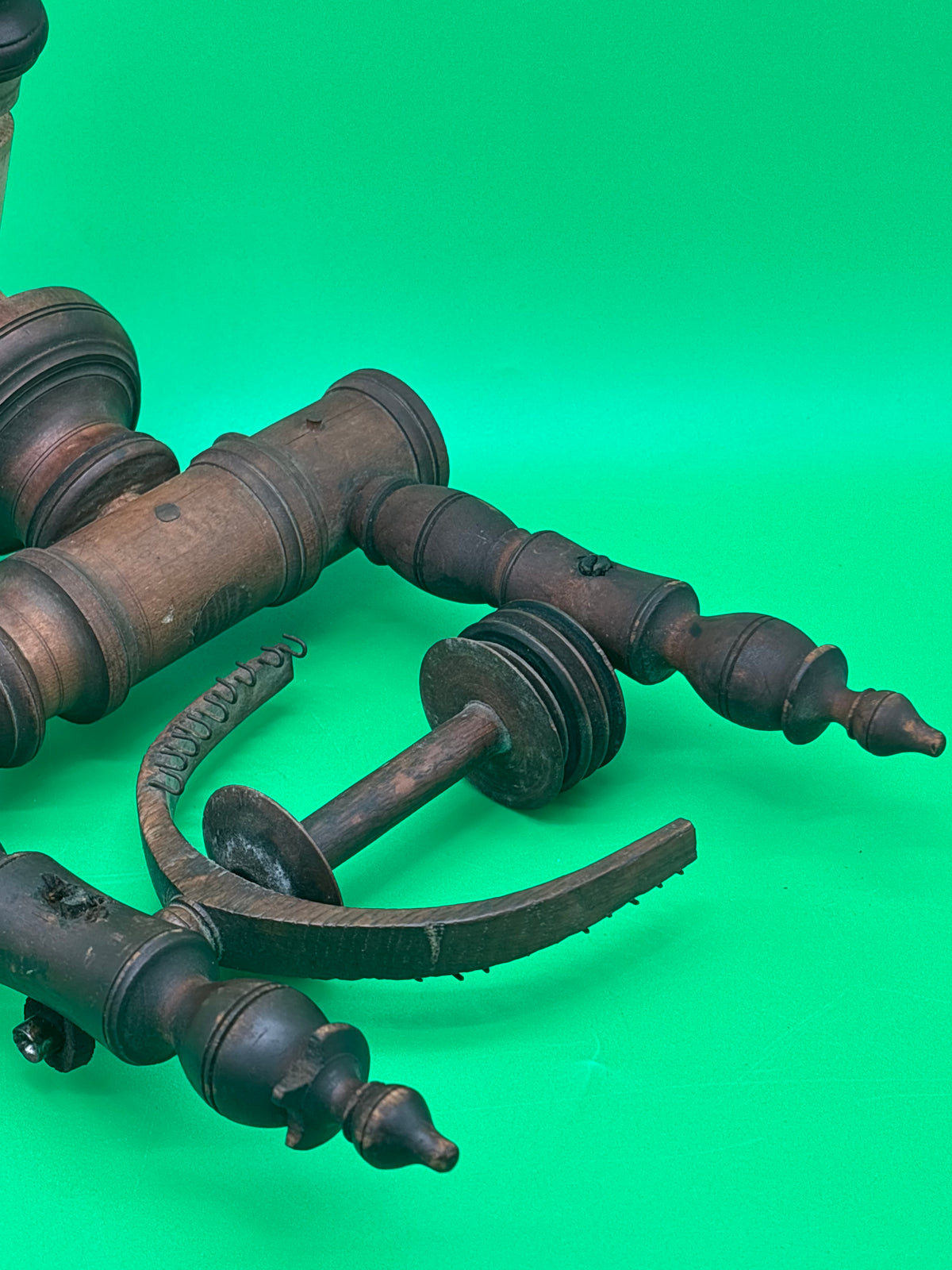 Antique Wooden Spinning Wheel Parts Flyer Bobbin Whorl Maidens Textile Tool Lot