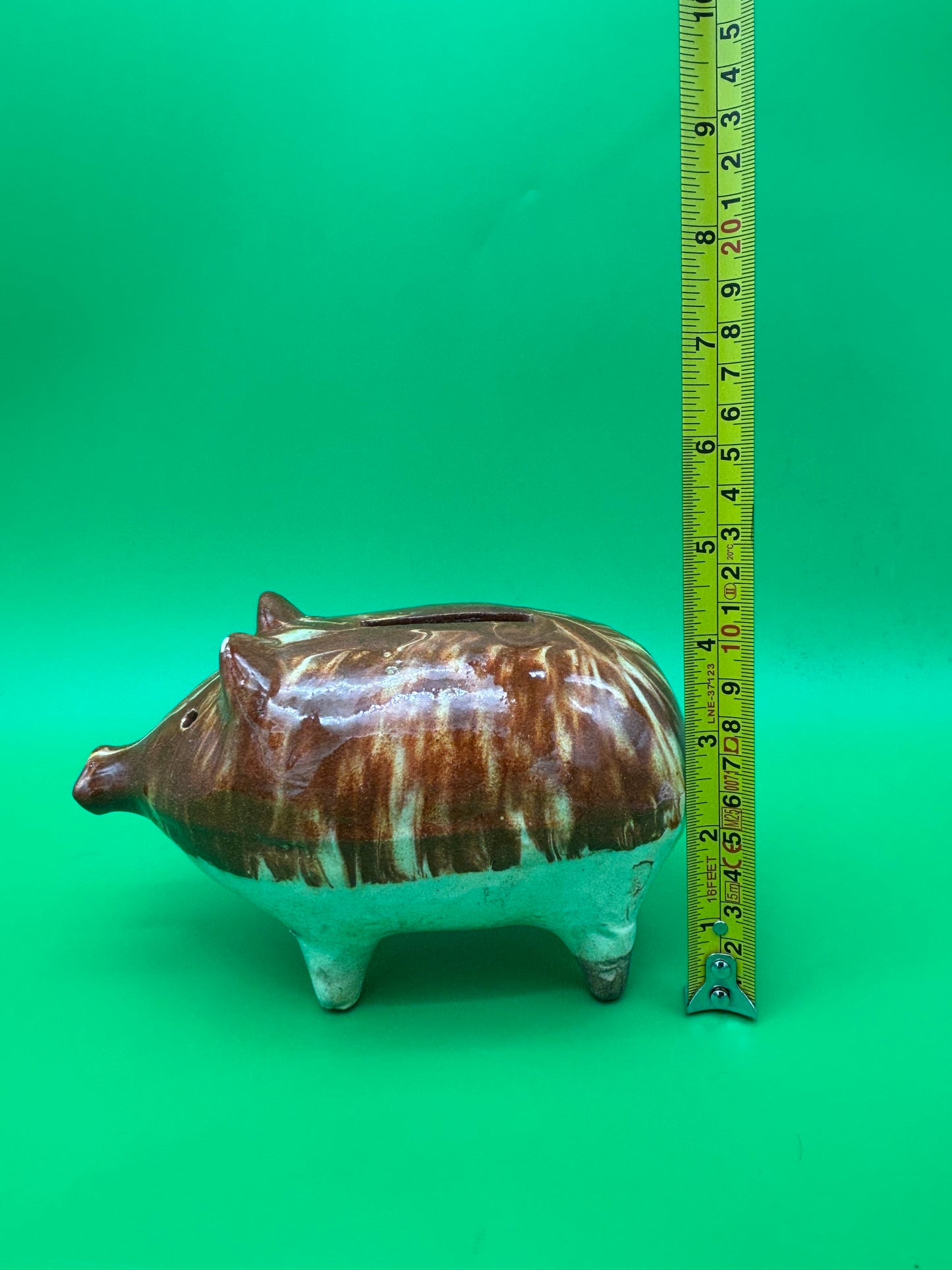 Antique Vintage Yellowware Piggy Bank Stoneware Mocha Drip Glaze Hole Eyes