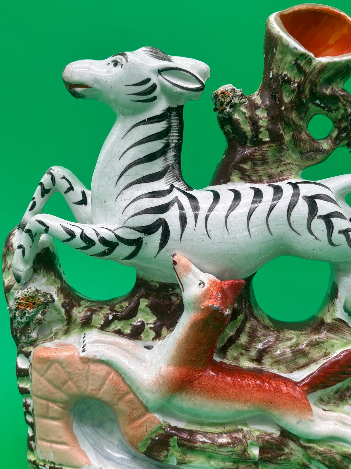 Antique Staffordshire Zebra Fox Spill Vase Victorian c1860 Pottery 8”