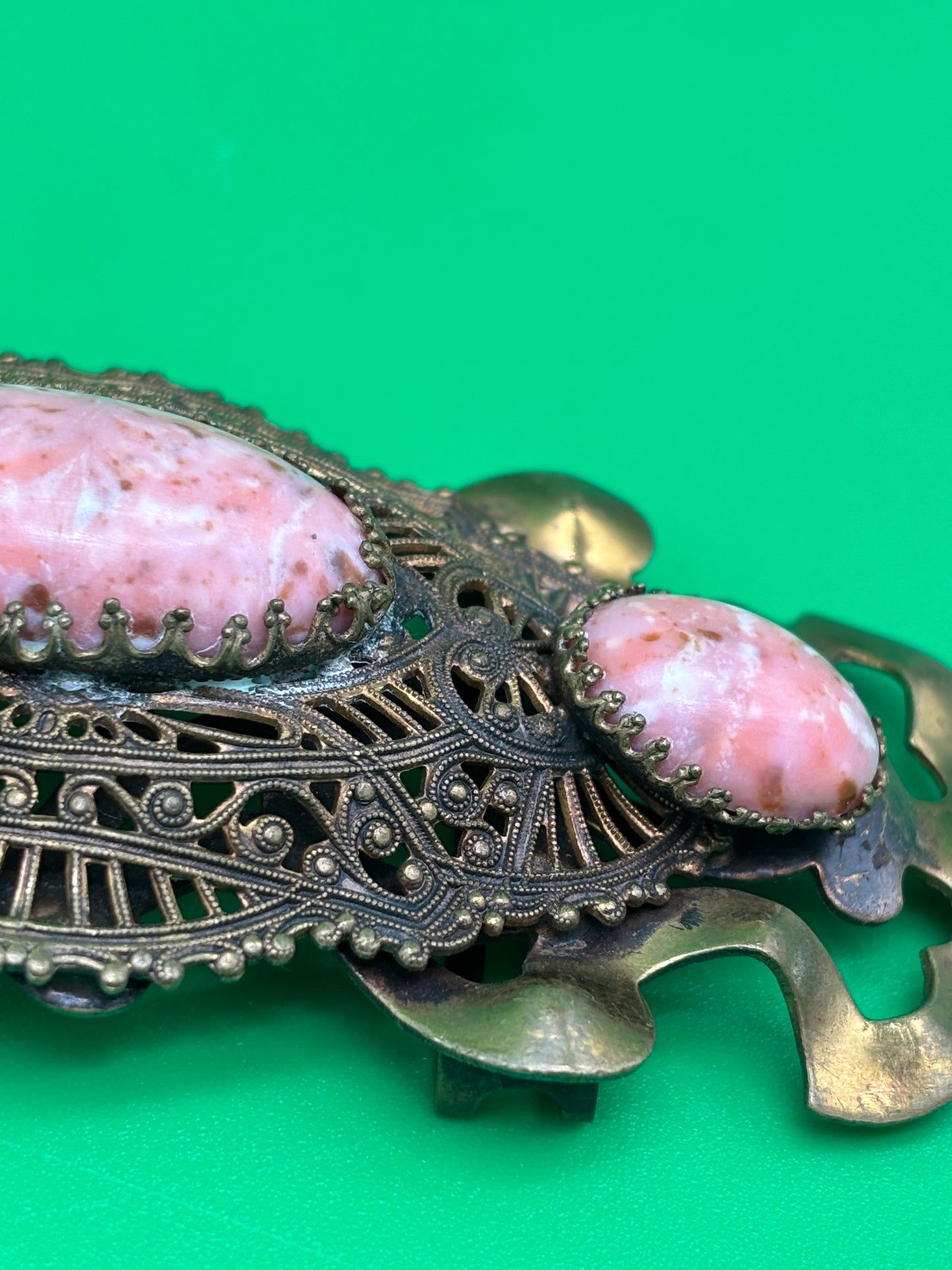 Vintage Art Nouveau Filigree Sash Pin Brooch Pink Marbled Glass Cabochons Antique Style
