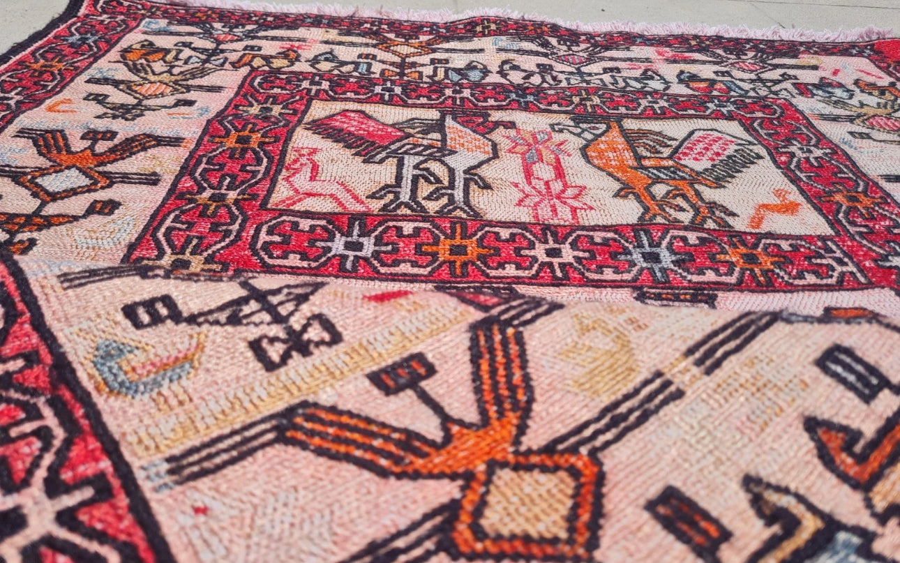 Rare Hand Knotted Vintage Soumak Kilim Silk Area Rug 3.0 x 2.4 Ft