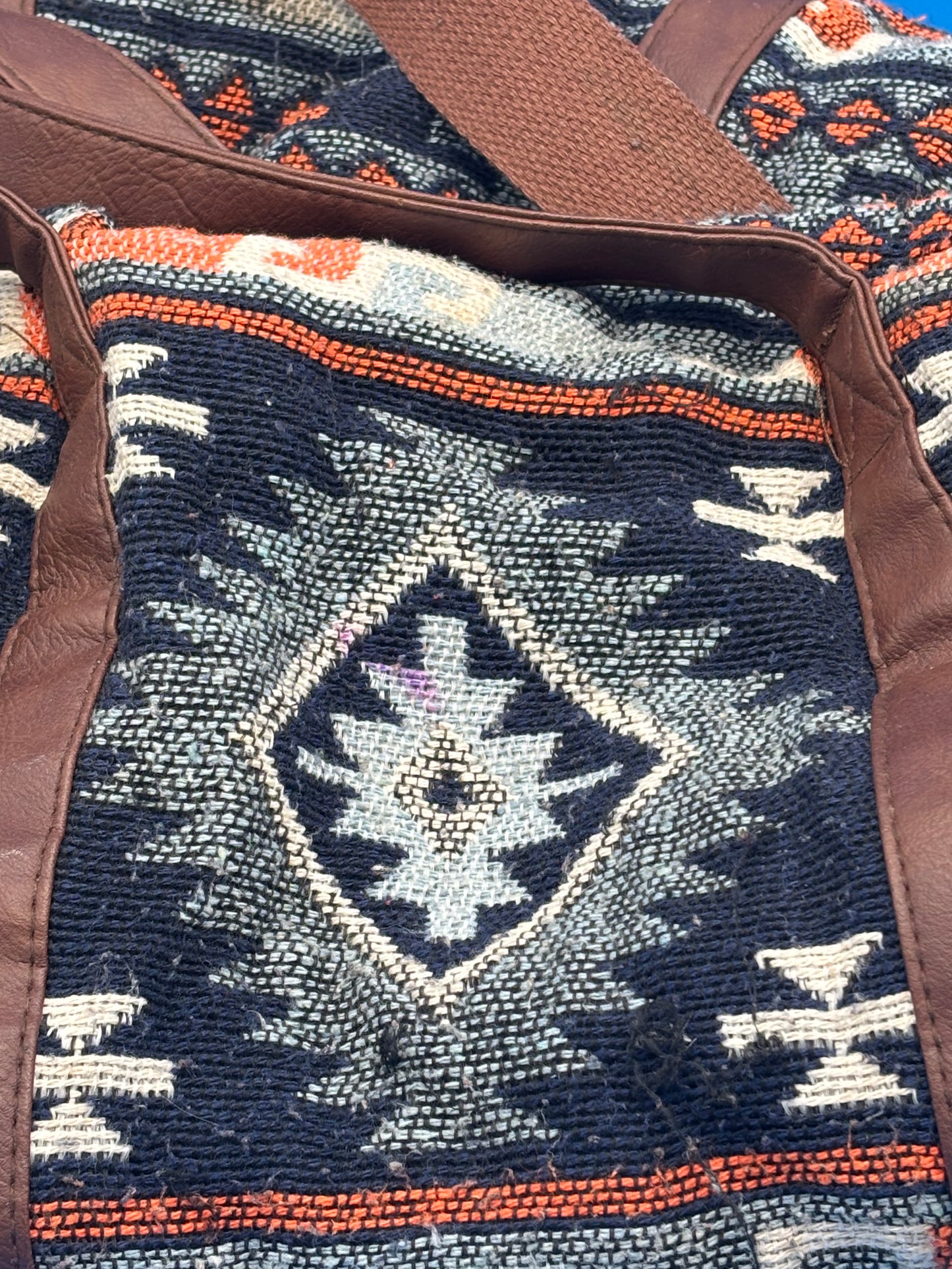 Southwest Aztec Print Weekender Duffel Bag Blue Multi Tribal Boho Oversized Tote