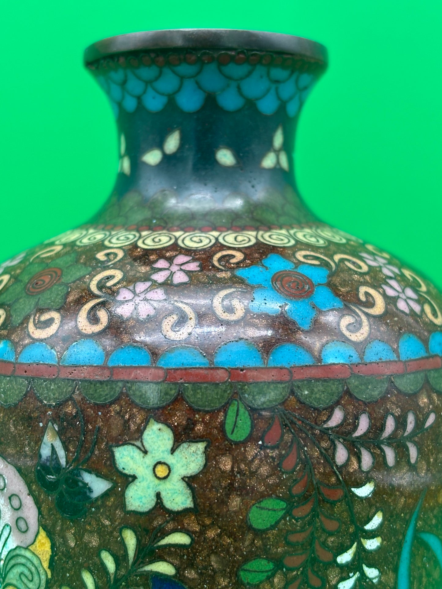 Antique Meiji Japanese Goldstone Cloisonne Butterfly Floral Vase 7 1/4”