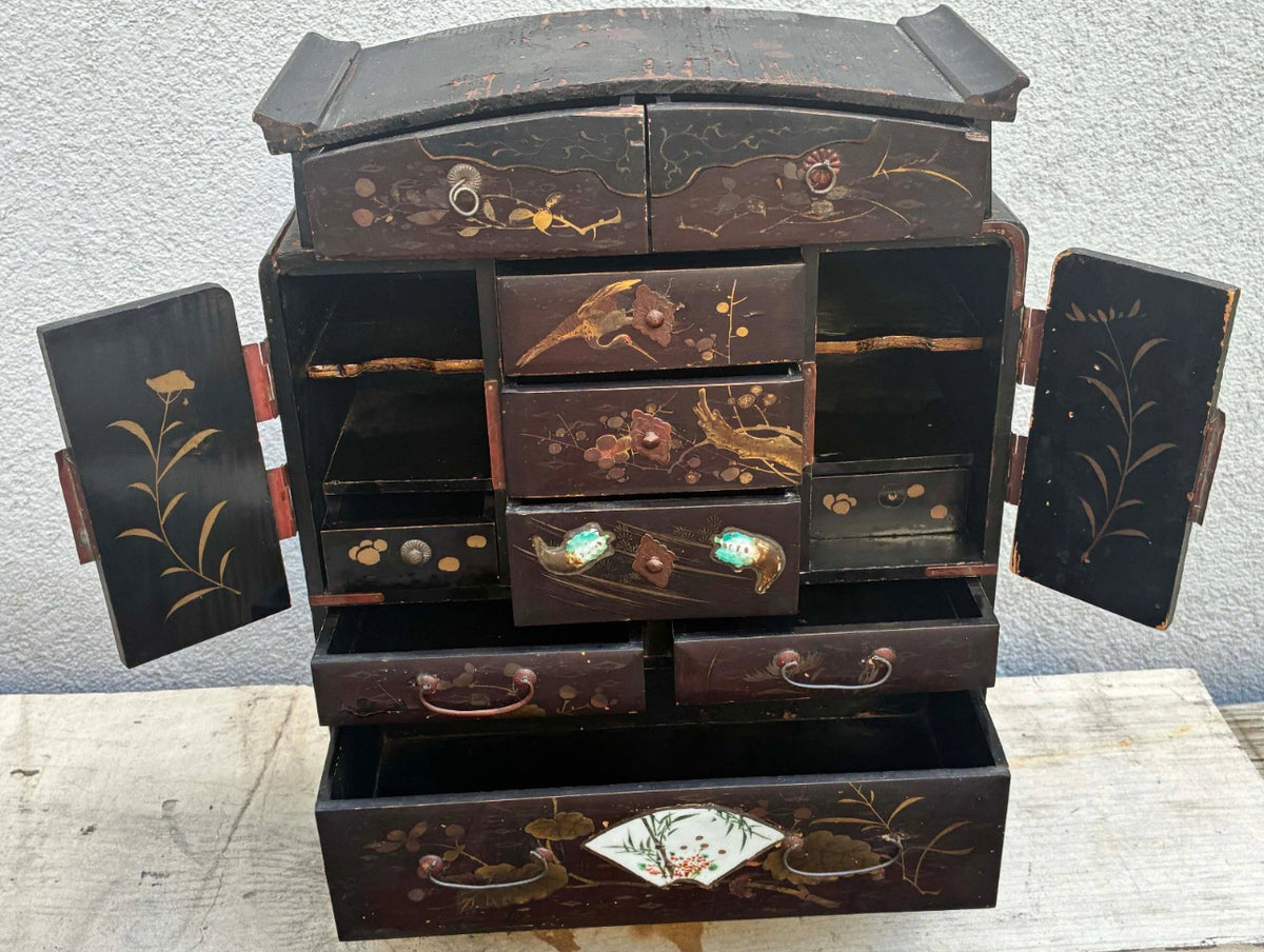 Antique Japanese Meiji Kodansu Lacquer Cabinet Birds Flowers 10 Drawer 16”