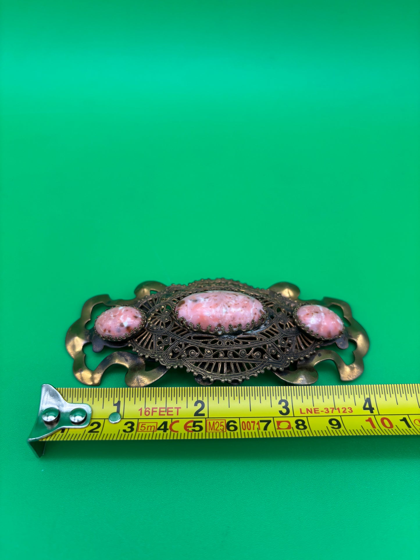 Vintage Art Nouveau Filigree Sash Pin Brooch Pink Marbled Glass Cabochons Antique Style