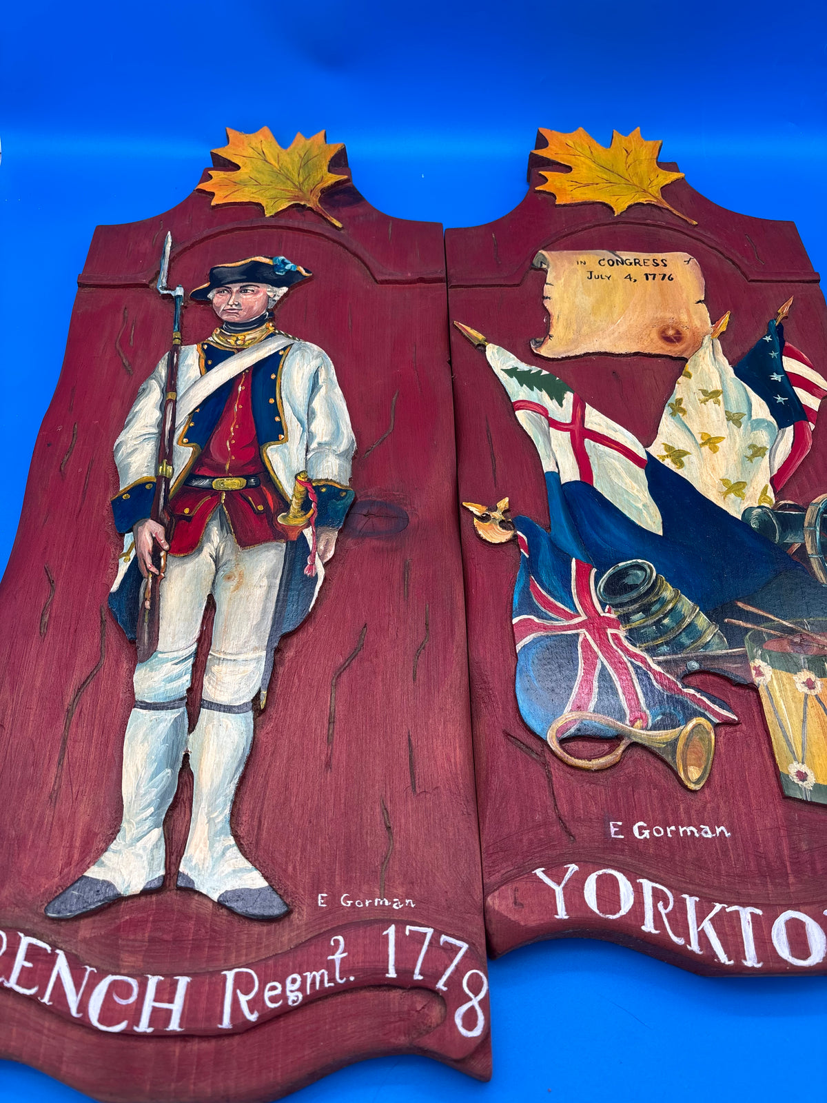 E Gorman Signed Revolutionary War Yorktown 1781 French Regiment Wood Plaques