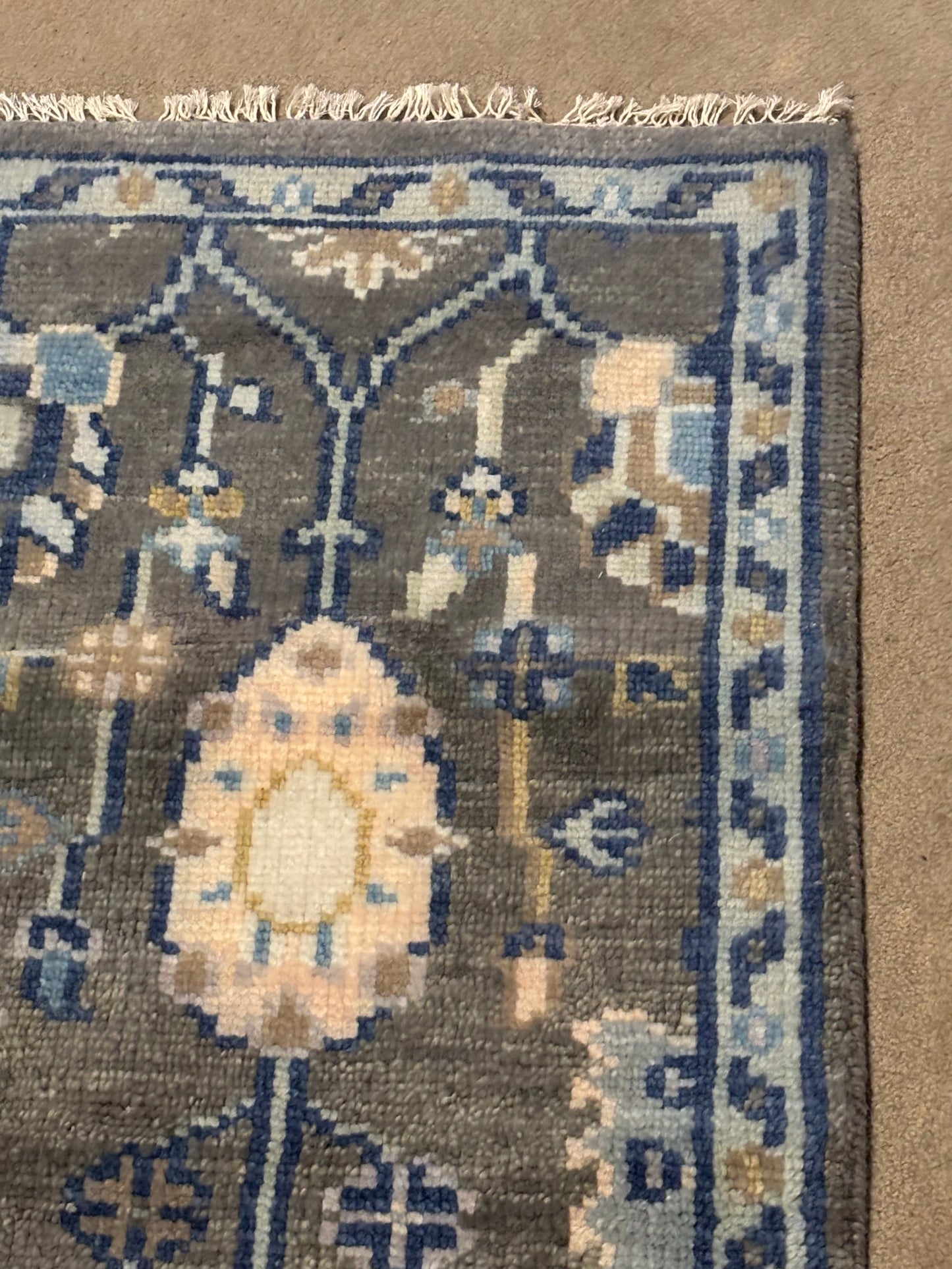 Handmade Oushak Style Wool Accent Rug 2x3 Gray Blue Turkish Floral Boho Decor