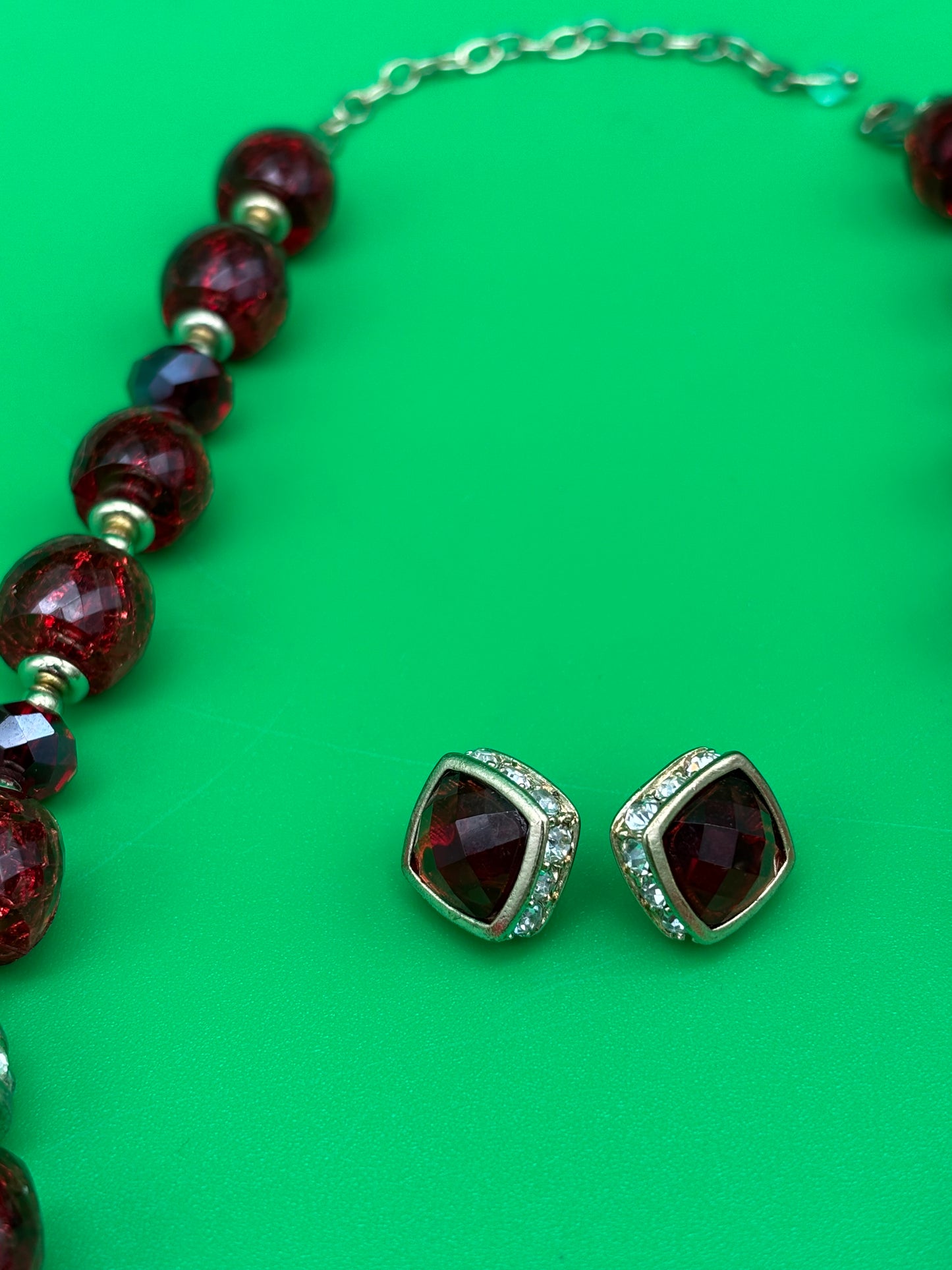 Vintage Signed Napier Deep Red Faceted Bead Necklace & Earring Set