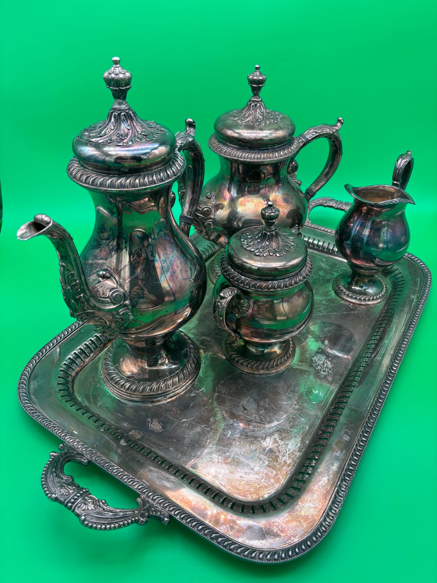 Vintage Silver Plate Tea & Coffee Set w/ Tray International Silver St James