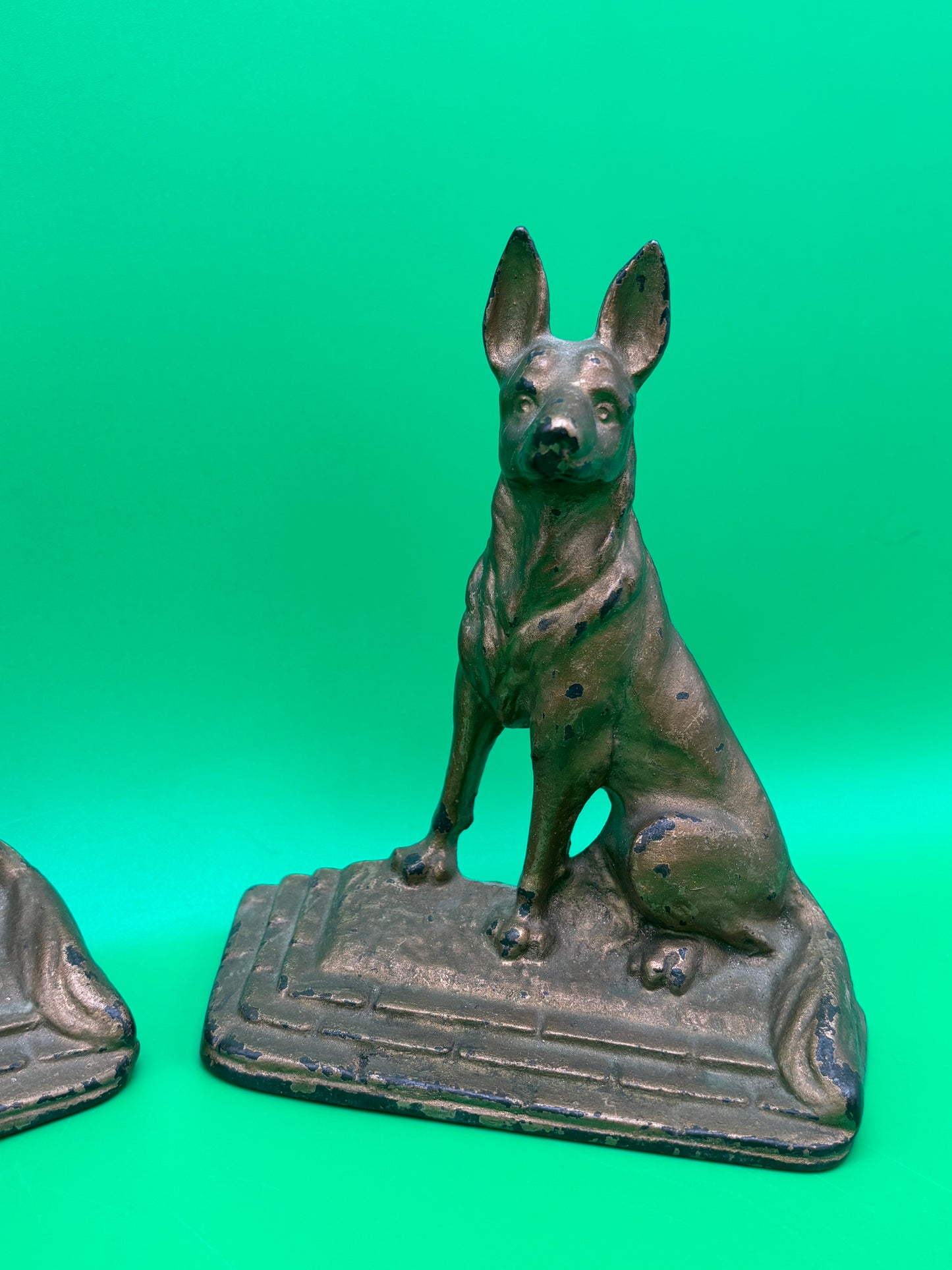 Vintage Art Deco German Shepherd Dog Bookends Pair Cast Iron Bronze Finish Heavy 6”