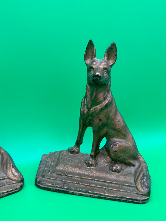 Vintage Art Deco German Shepherd Dog Bookends Pair Cast Iron Bronze Finish Heavy 6”