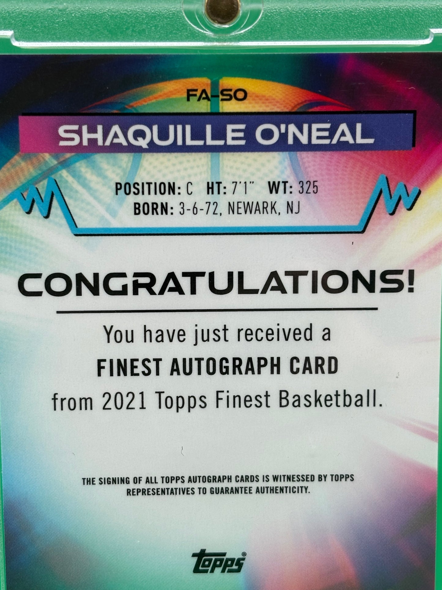 2021 Topps Finest Shaquille O’Neal Auto FA-SO On-Card Autograph Shaq HOF