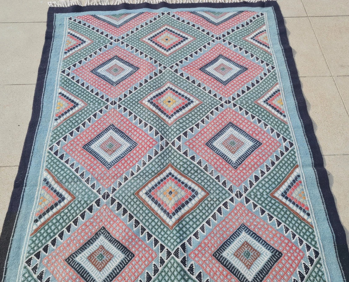 Rare Hand Knotted Vintage Morocco Sumouk Kilim Kilm Wool Area Rug 5 x 3 Ft