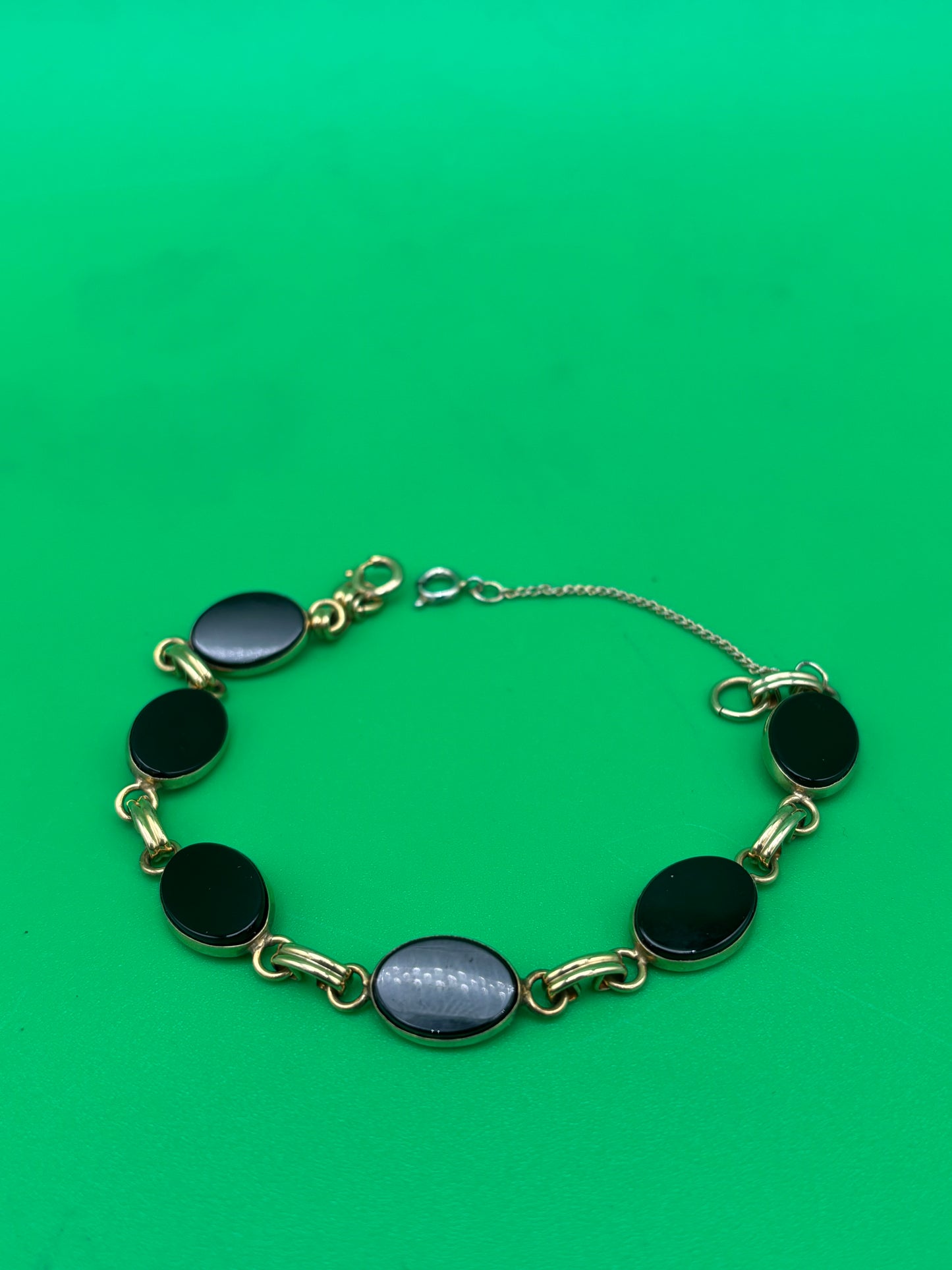 Art Deco 1/20 12K Gold Filled Black Onyx Oval Cabochon Link Bracelet 7”