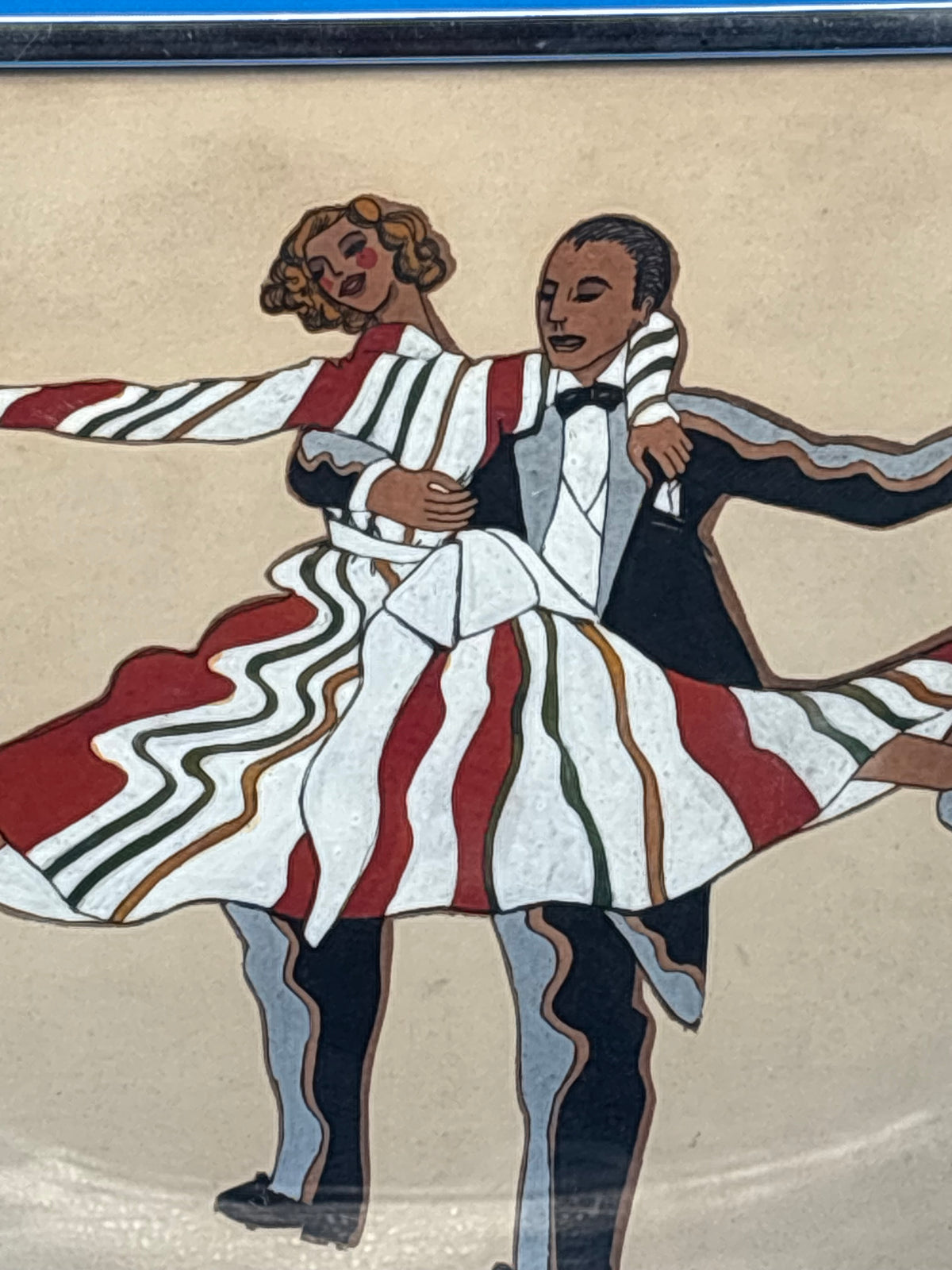 Vintage Mid Century Dancing Couple Art Reverse Painted Glass Art Deco Chrome Frame