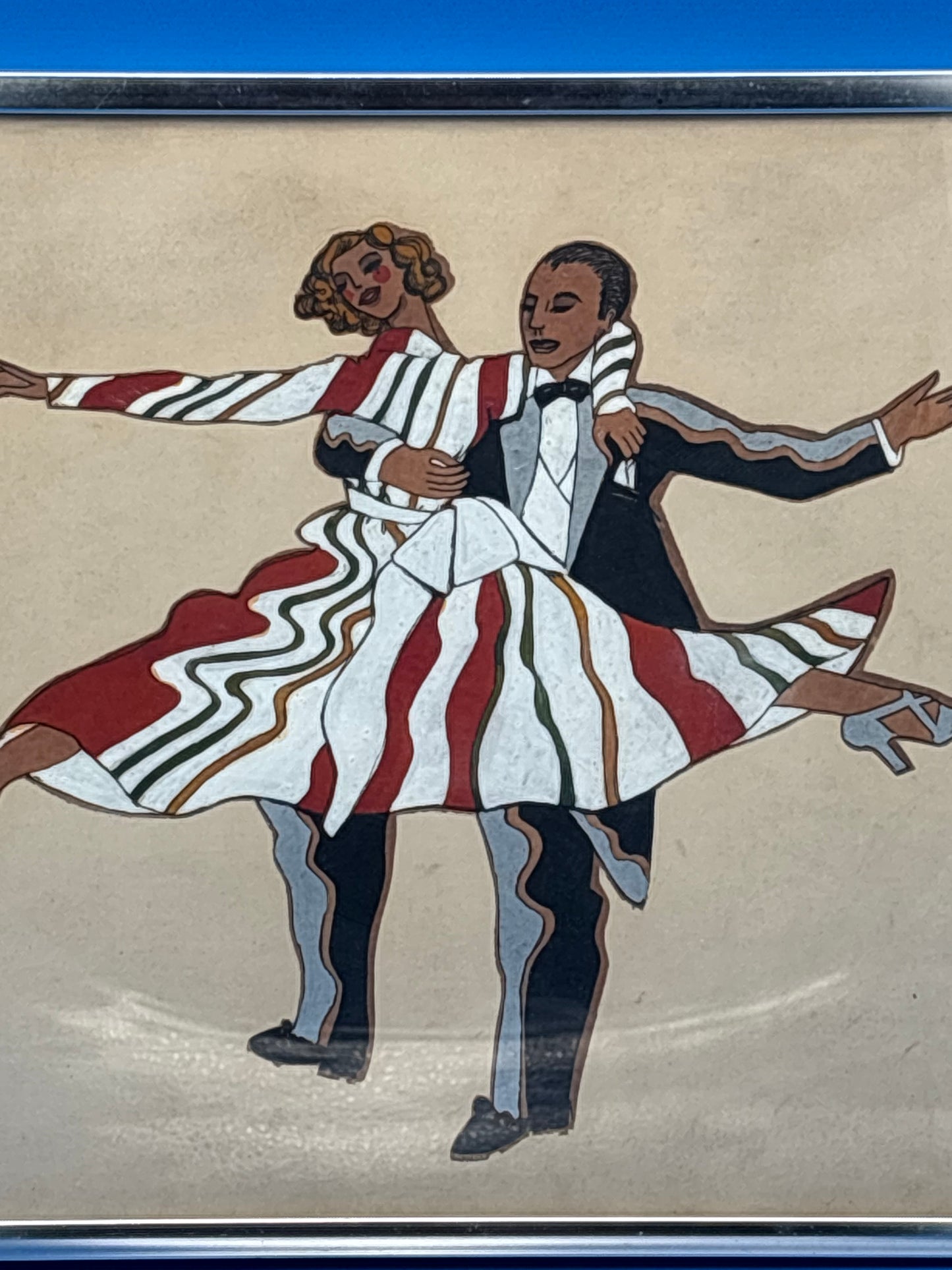 Vintage Mid Century Dancing Couple Art Reverse Painted Glass Art Deco Chrome Frame